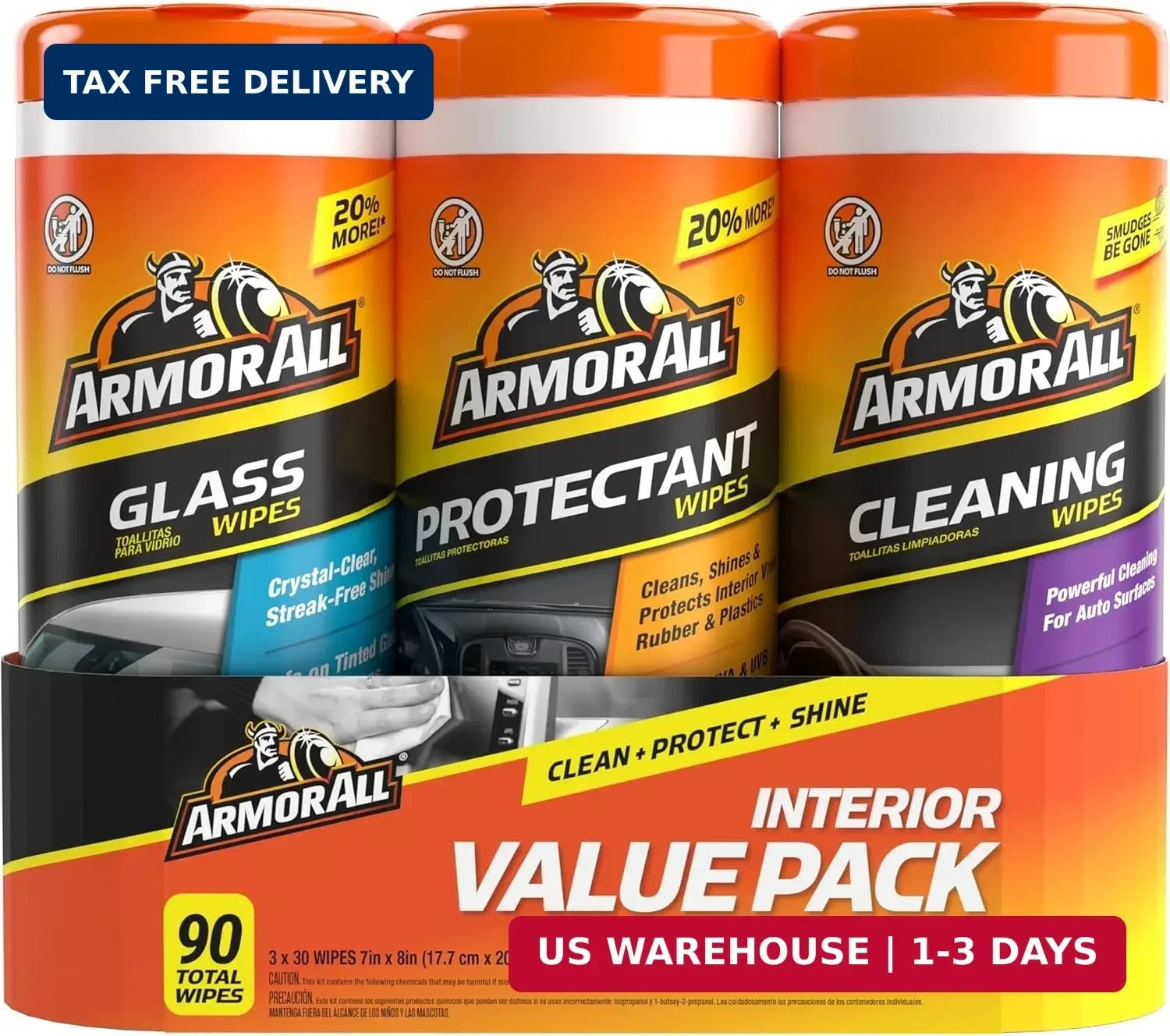 Armor All Car Glass Wipes, Auto Glass Cleaner for Film and Grime, 30 Count