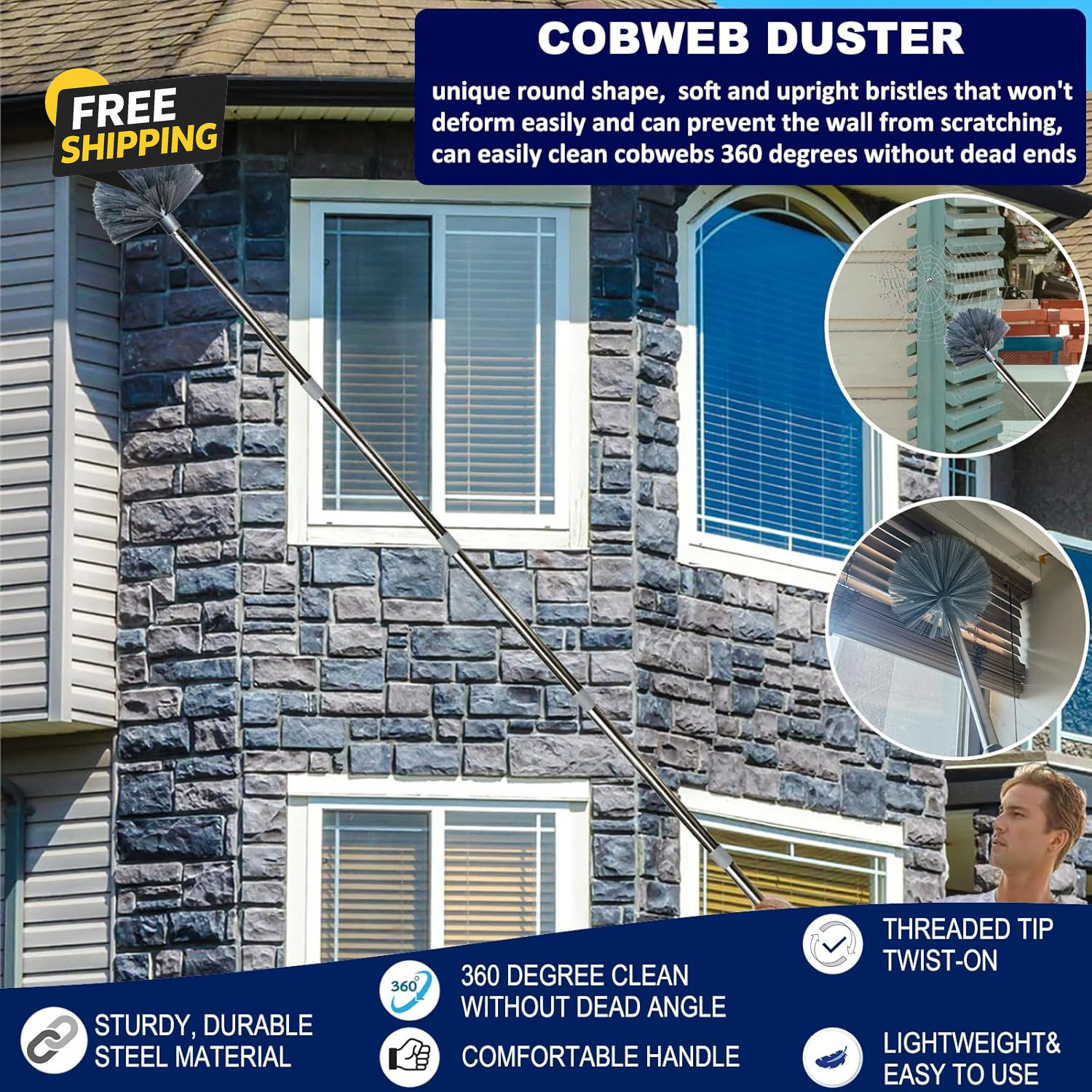 20Ft High Reach Cobweb Duster Kit Extension Pole Ceiling Fan Feather Duster Set