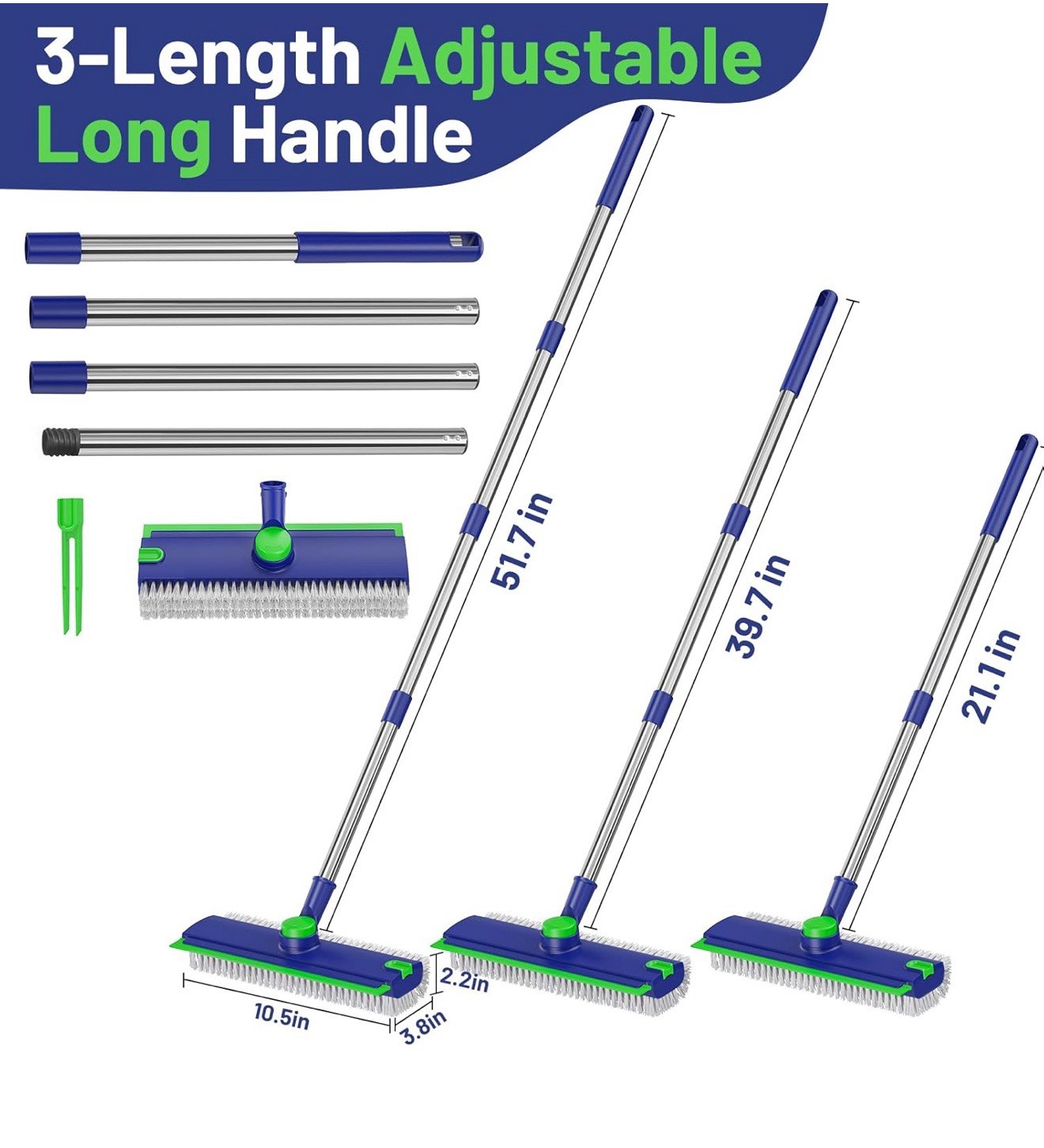 Floor Scrub Brush with Long Handle: 3 in 1 Heavy-Duty Scrubber Squeegee