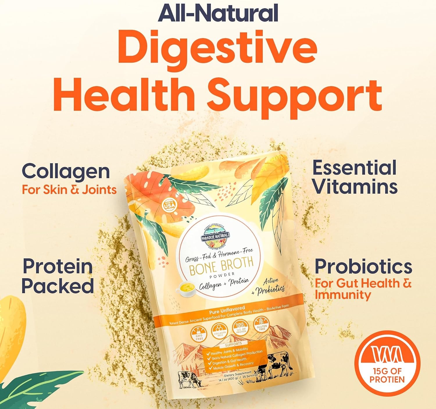 Paradise Naturals 100% Grass-Fed Natural Beef Bone Broth Powder + Active Probi
