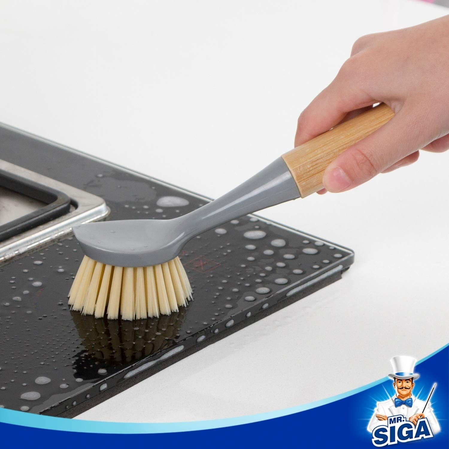 Dish Brush Bamboo Handle Pack of 2 Built-in Scraper Kitchen Sink Cleaning