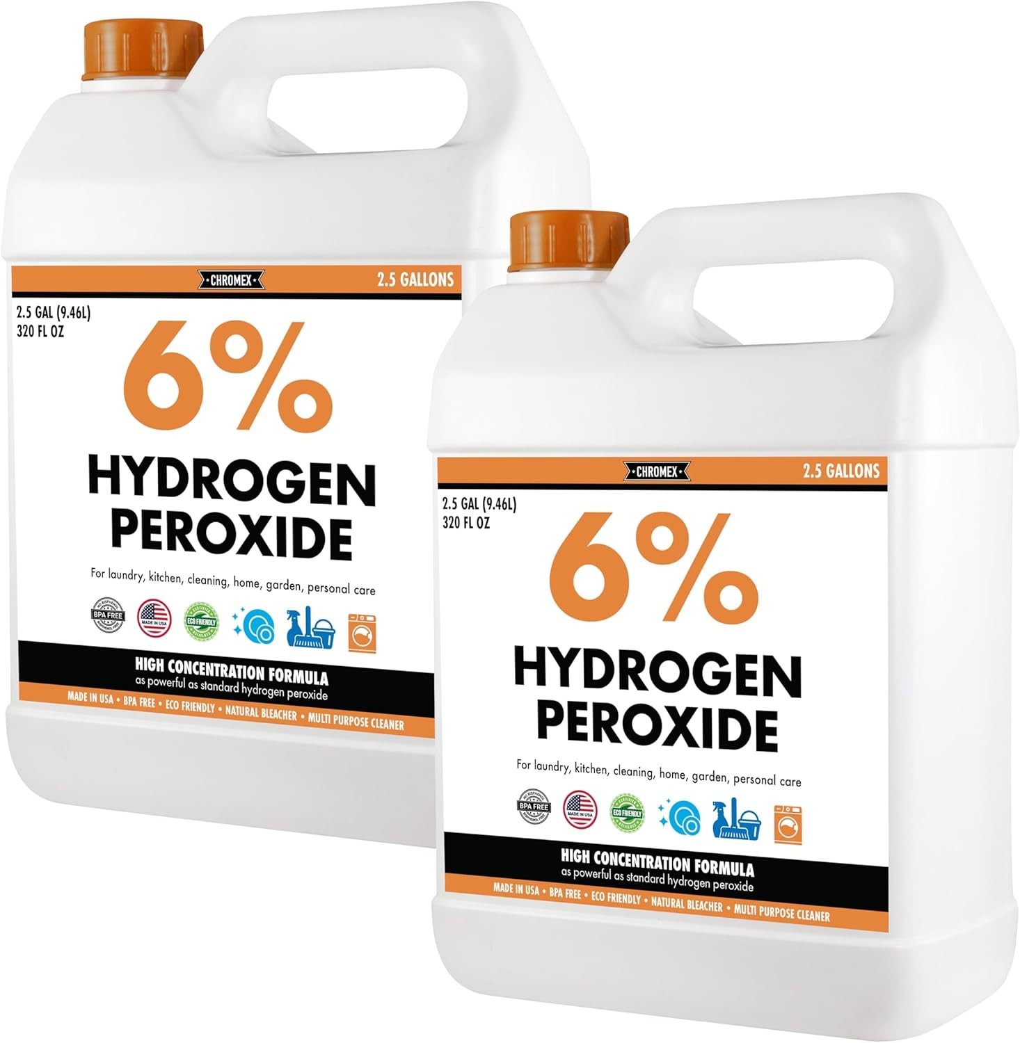 6% Hydrogen Peroxide, Food Grade, Home, Kitchen, Bath Cleaner – 2.5×2 Gallons