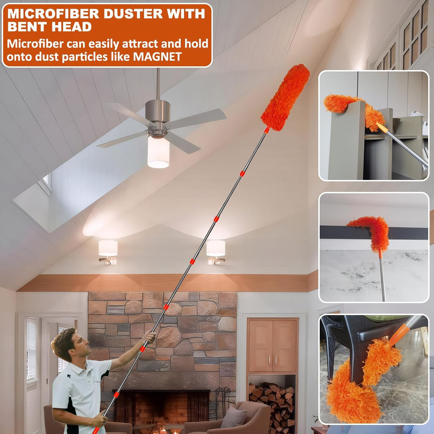 20 Feet High Reach Duster Kit with 2-14 Ft Extension Pole, Cobweb & Corner Brush