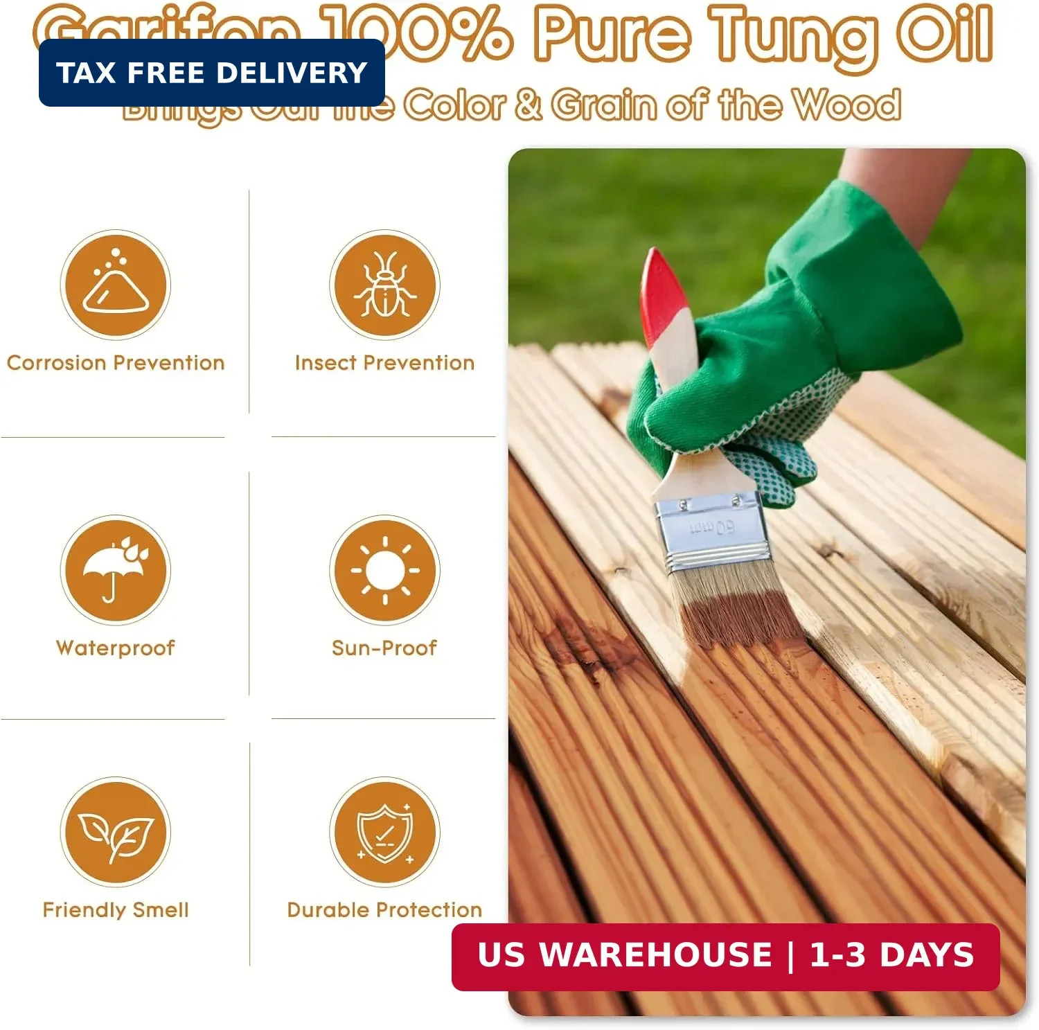 64 OZ 100% Pure Tung Oil for Outdoor Furniture & Indoor Wood