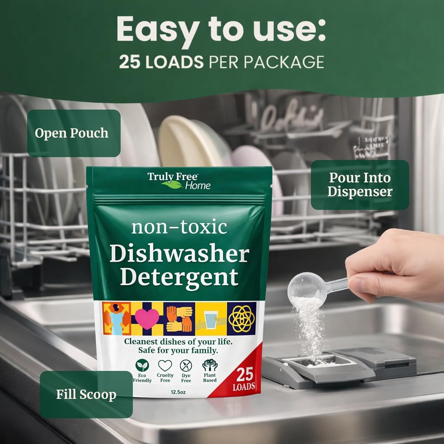 Truly Free natural dishwasher soap. Plastic-free, heavy duty stain remover