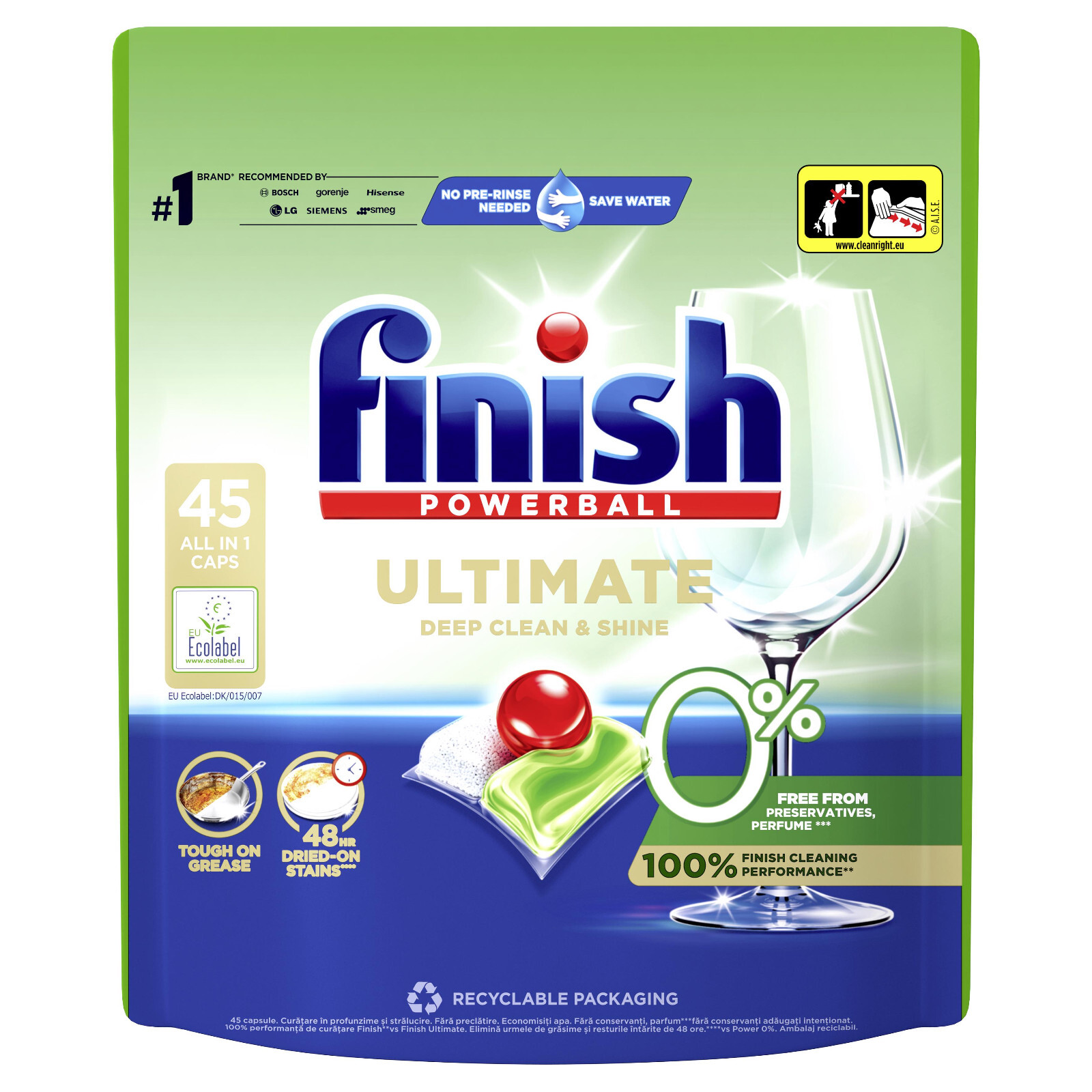 FINISH POWERBALL ULTIMATE 0% Perfume Preservatives Free 45 Dishwasher Capsules