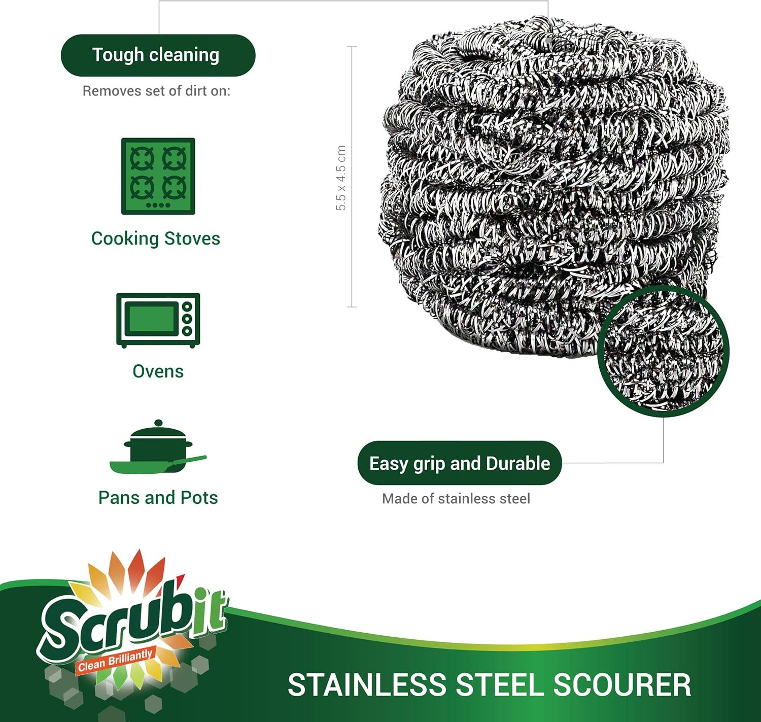 6 Pack Stainless Steel Scourers – Steel Wool Scrubber Pad Used for Dishes, Pots,