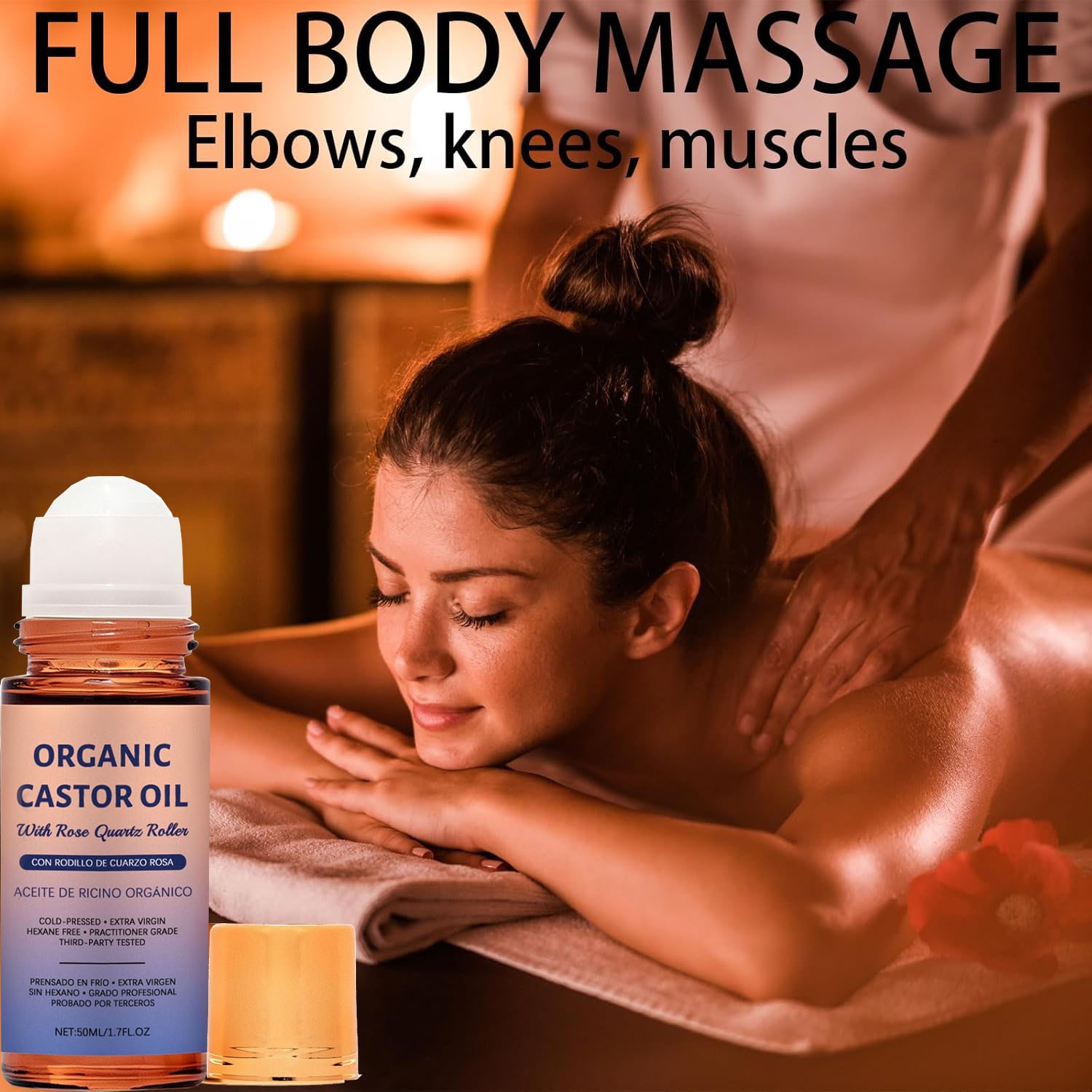 100% Organic Castor Oil Roll On with Rose Quartz Roller, Cold Pressed
