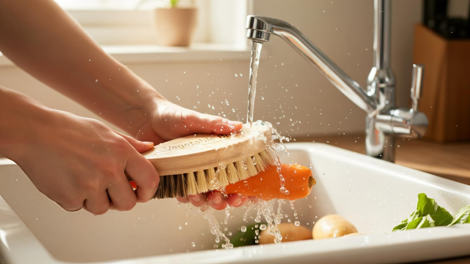 Hard And Soft Side Vegetable Brush Beechwood Handle 2 Different Bristle Strength