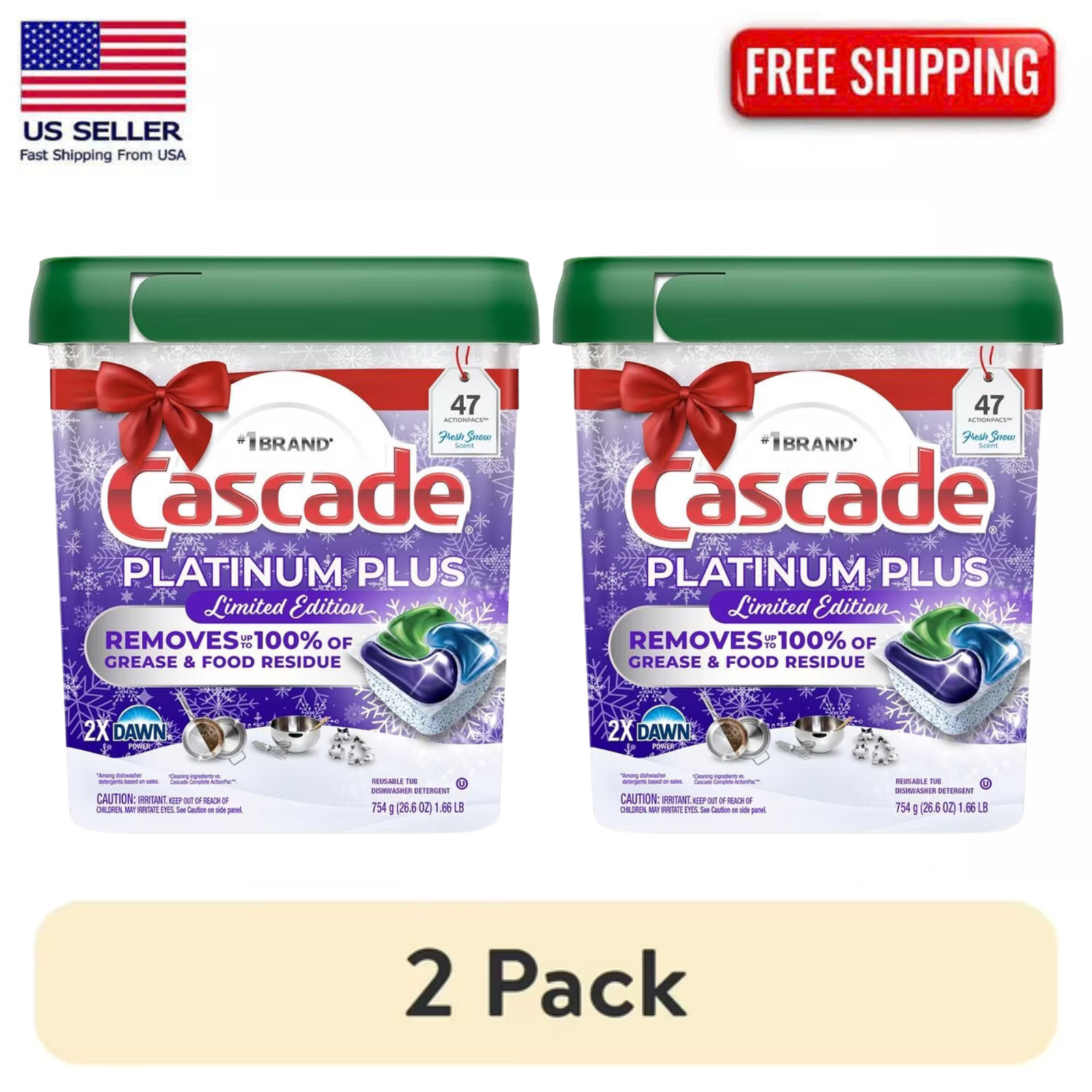 2 Pack Cascade Platinum Plus Dishwasher Pods Detergent Soap Tabs Fresh 47 Ct 94