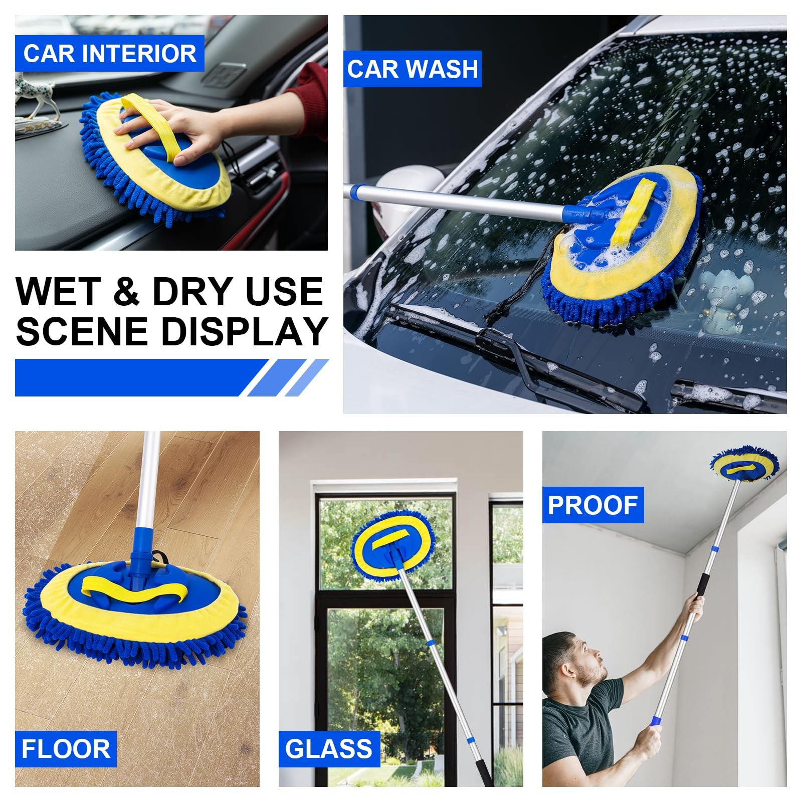 62″ Car Wash Brush Kit Mitt Mop Sponge with Long Handle Chenille Microfiber C…