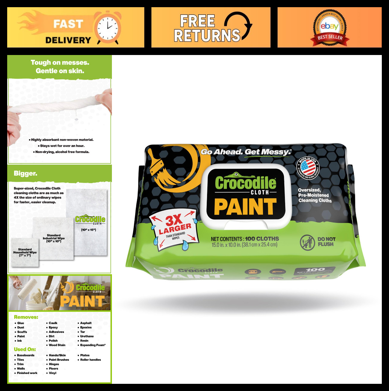 Heavy-Duty Paint Cleaning Wipes 100 Count – 15″ x 10″ for Paint Prep & Cleanup,
