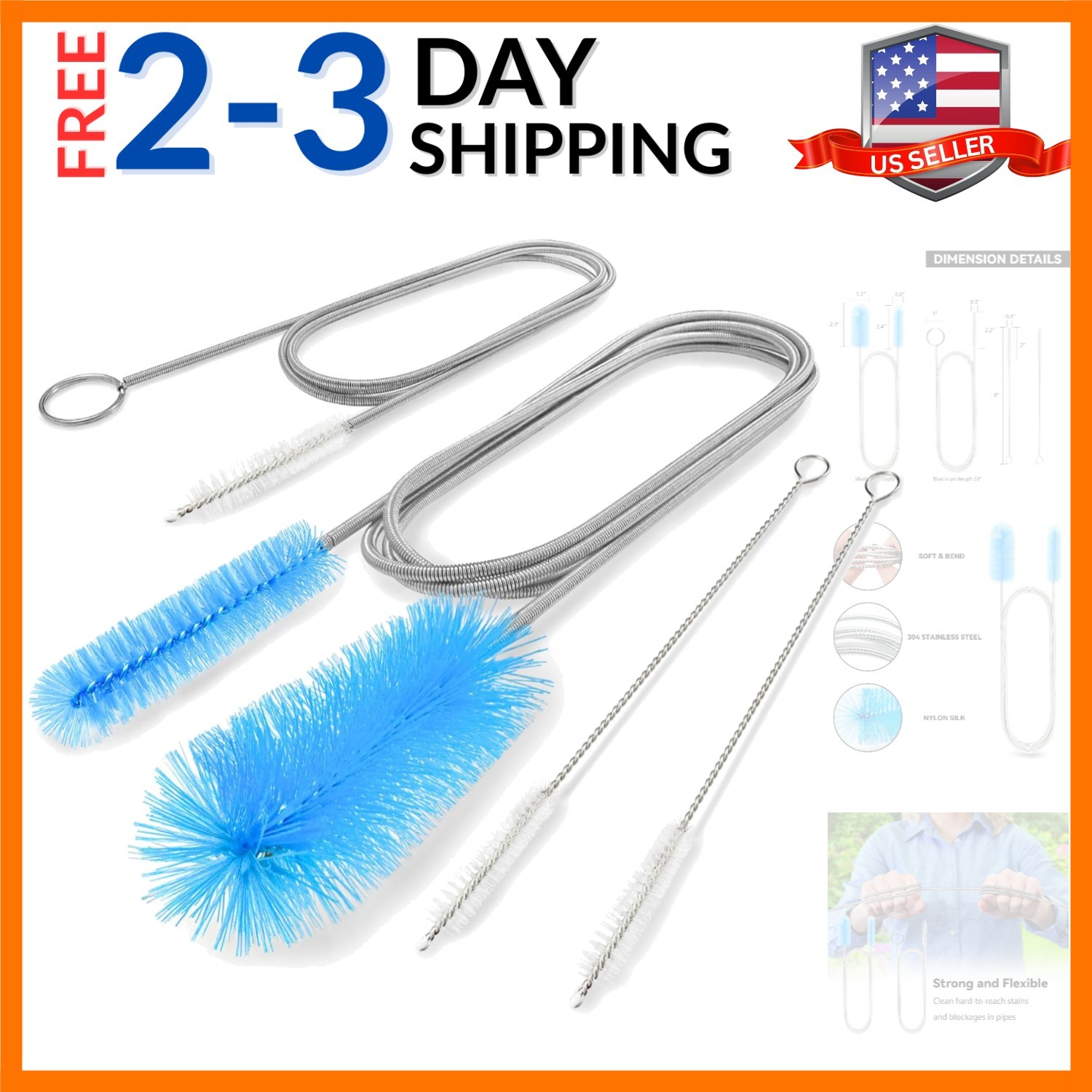 Flexible Drain Brush, 66 Inch Long Double Ended Hose Pipe and 58 Inch Tube Cl…