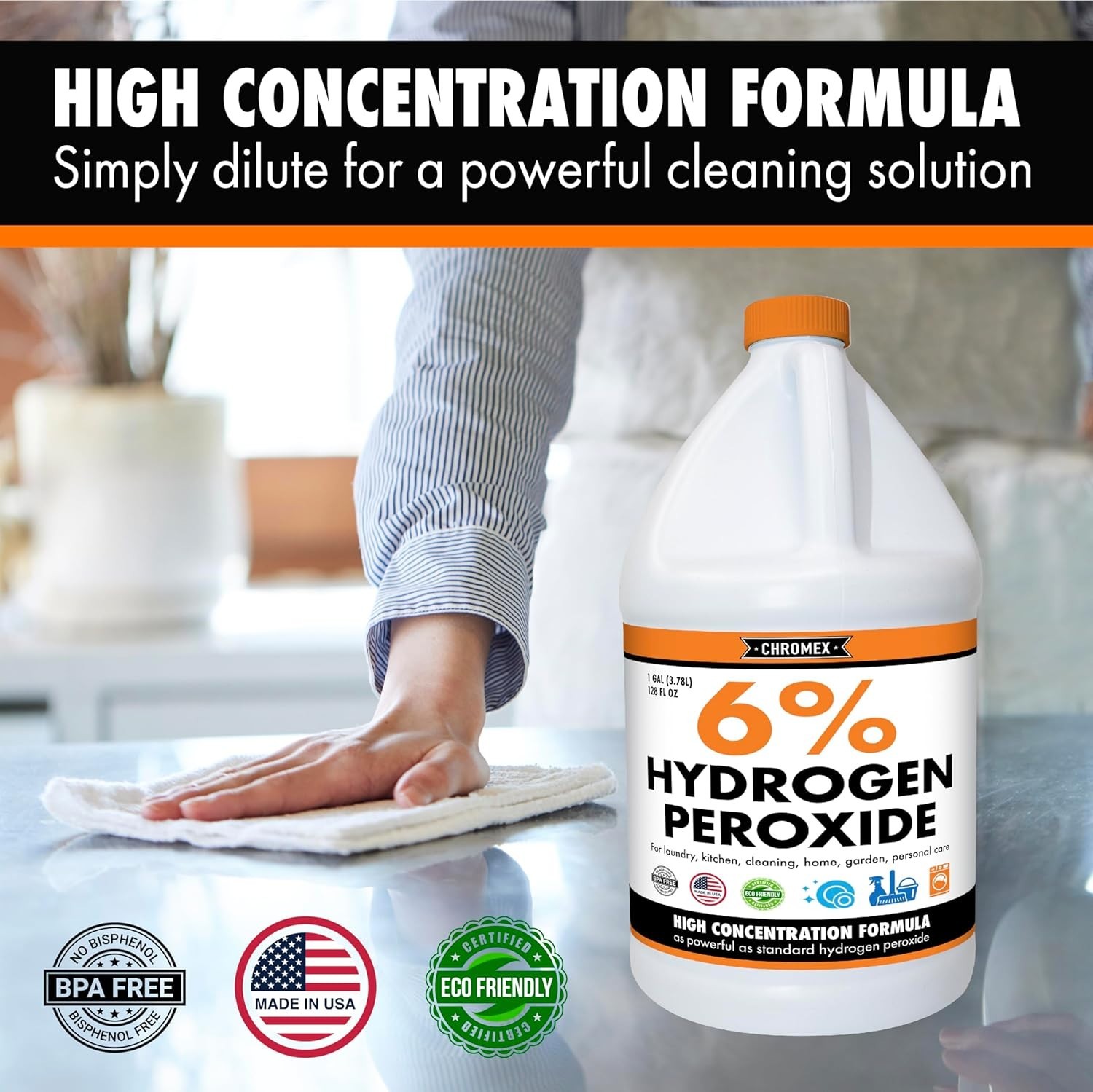 Chromex 6% Hydrogen Peroxide, Food Grade, Home, Kitchen, Bath Cleaner – 1 Gallon