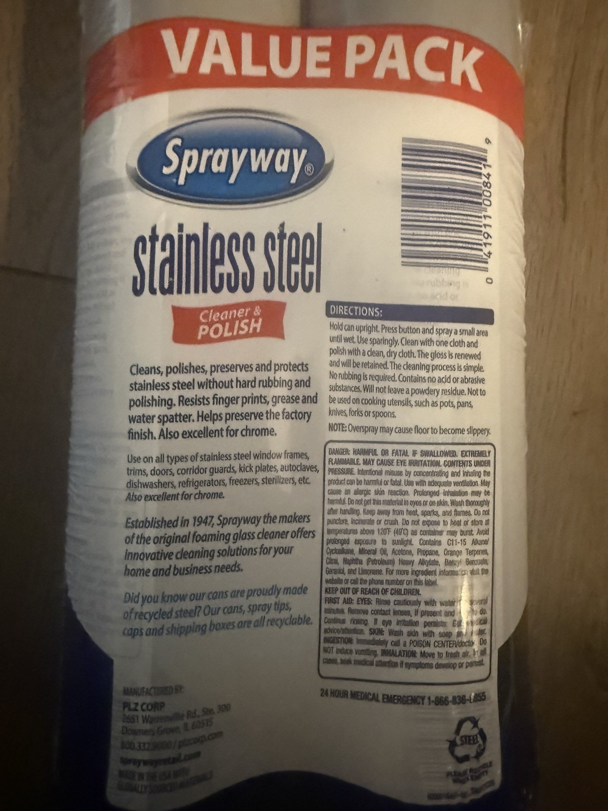 Sprayway Stainless Steel Cleaner & Polish SW841R 2 15oz Cans