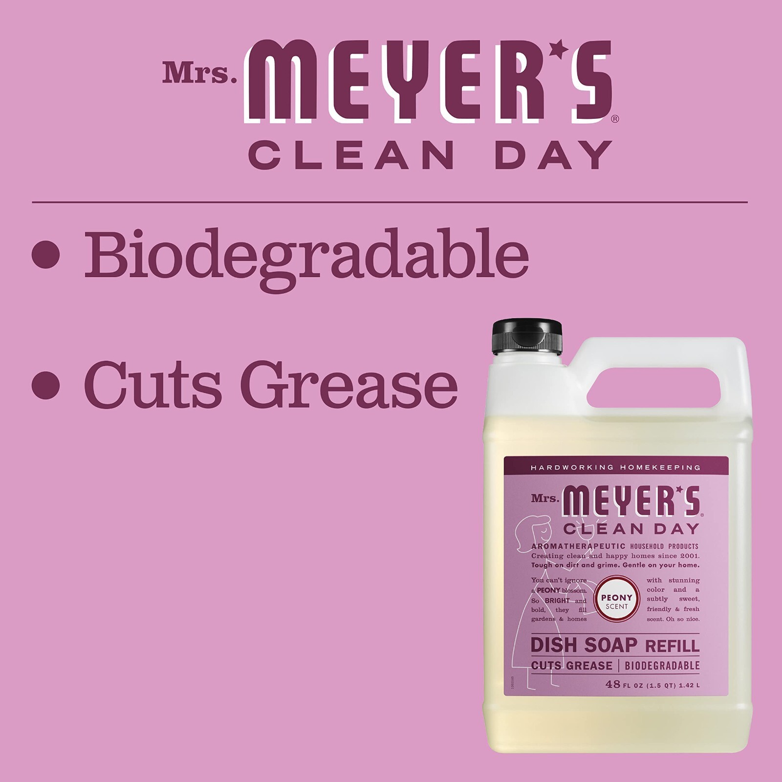 Mrs. Meyer’s Liquid Dish Soap Refill, Biodegradable Formula, Peony, 48 fl. oz