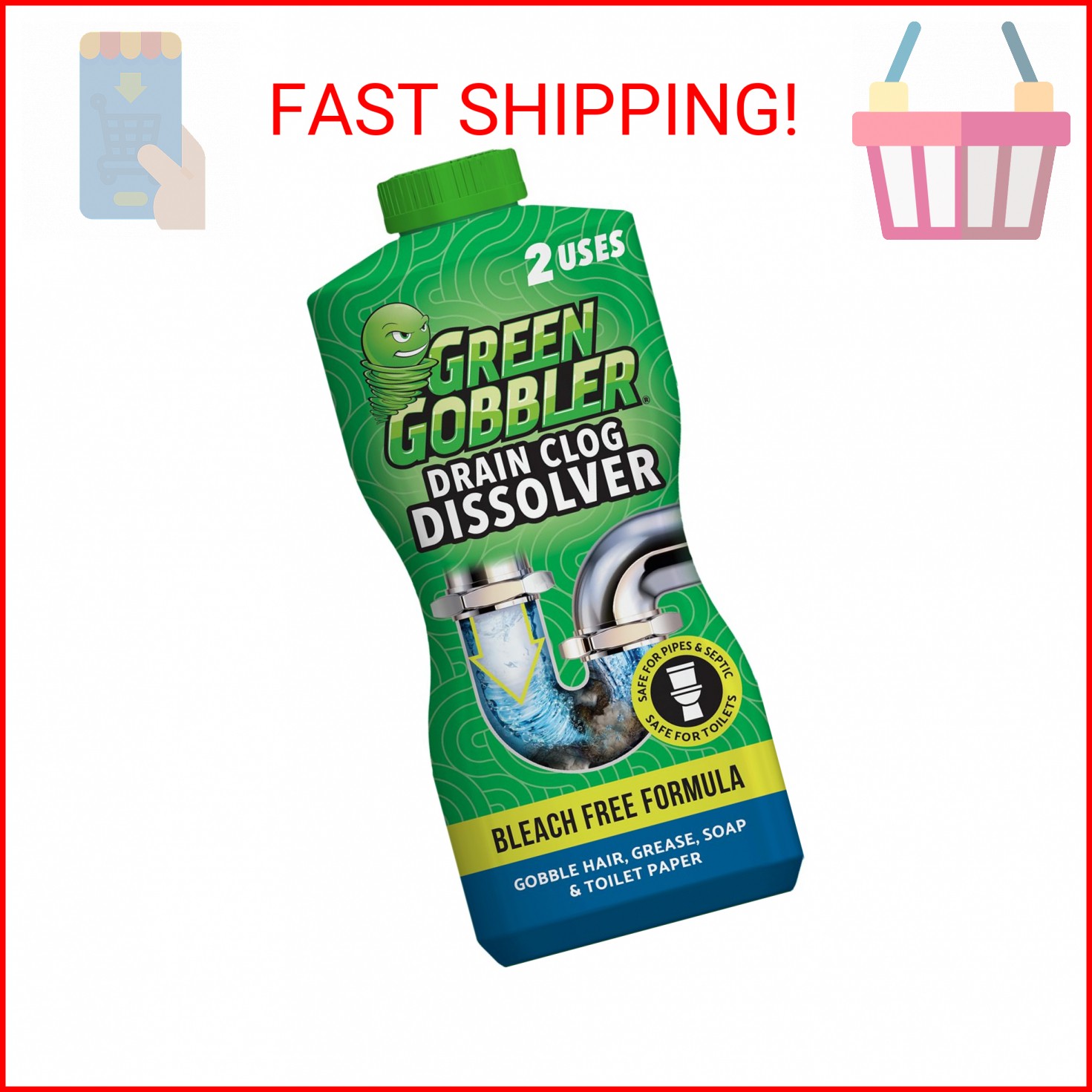 Green Gobbler Drain Clog Dissolver, Drain Opener-Cleaner ,Toilet Clog Remover, 3