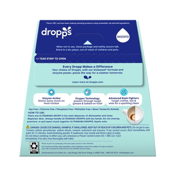 Dropps Dishwasher UltraWash Detergent Pods, Biobased, Unscented 48ct/64ct/120ct