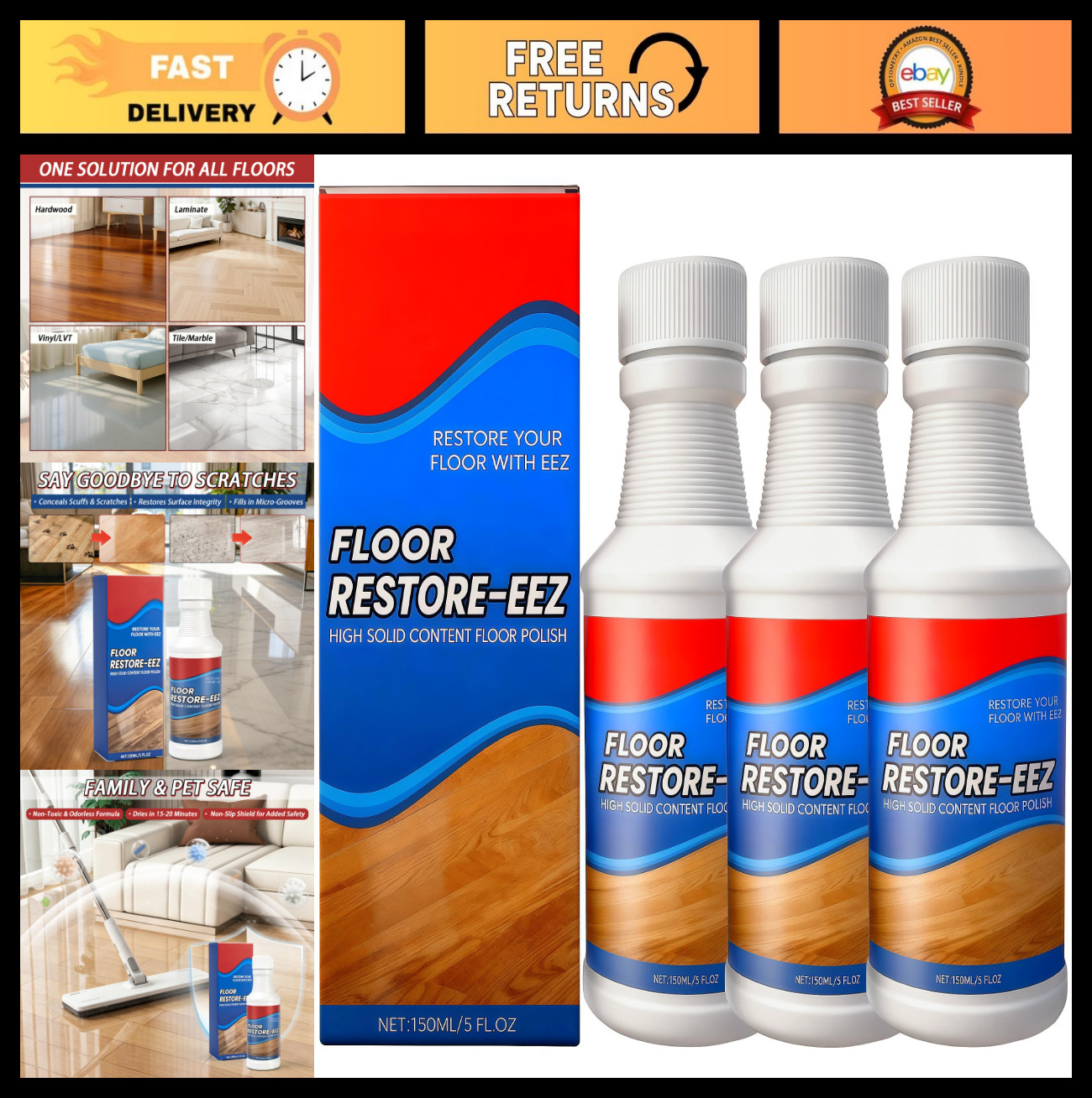3Pcs Floor Cleaner & Polish, High Solid Shine Renewal, Quick-Drying Protective F