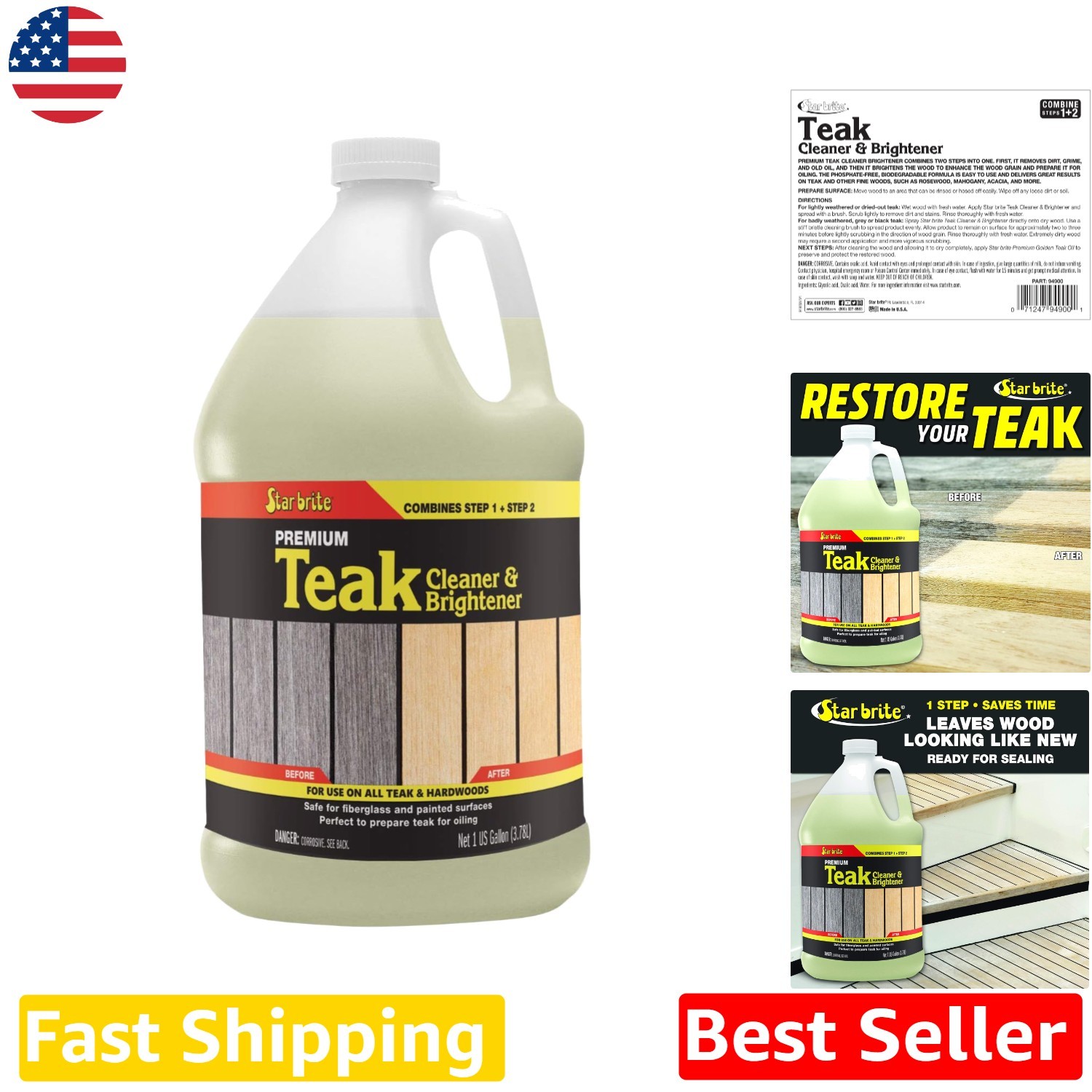 Wood Cleaner & Brightener, 128oz Teak Restorer, Easy One-Step Formula,