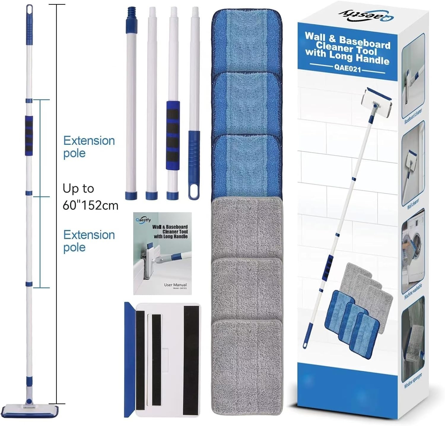 Effortless Baseboard Cleaner Tool with 60″ and 6 Reusable Microfiber Pads