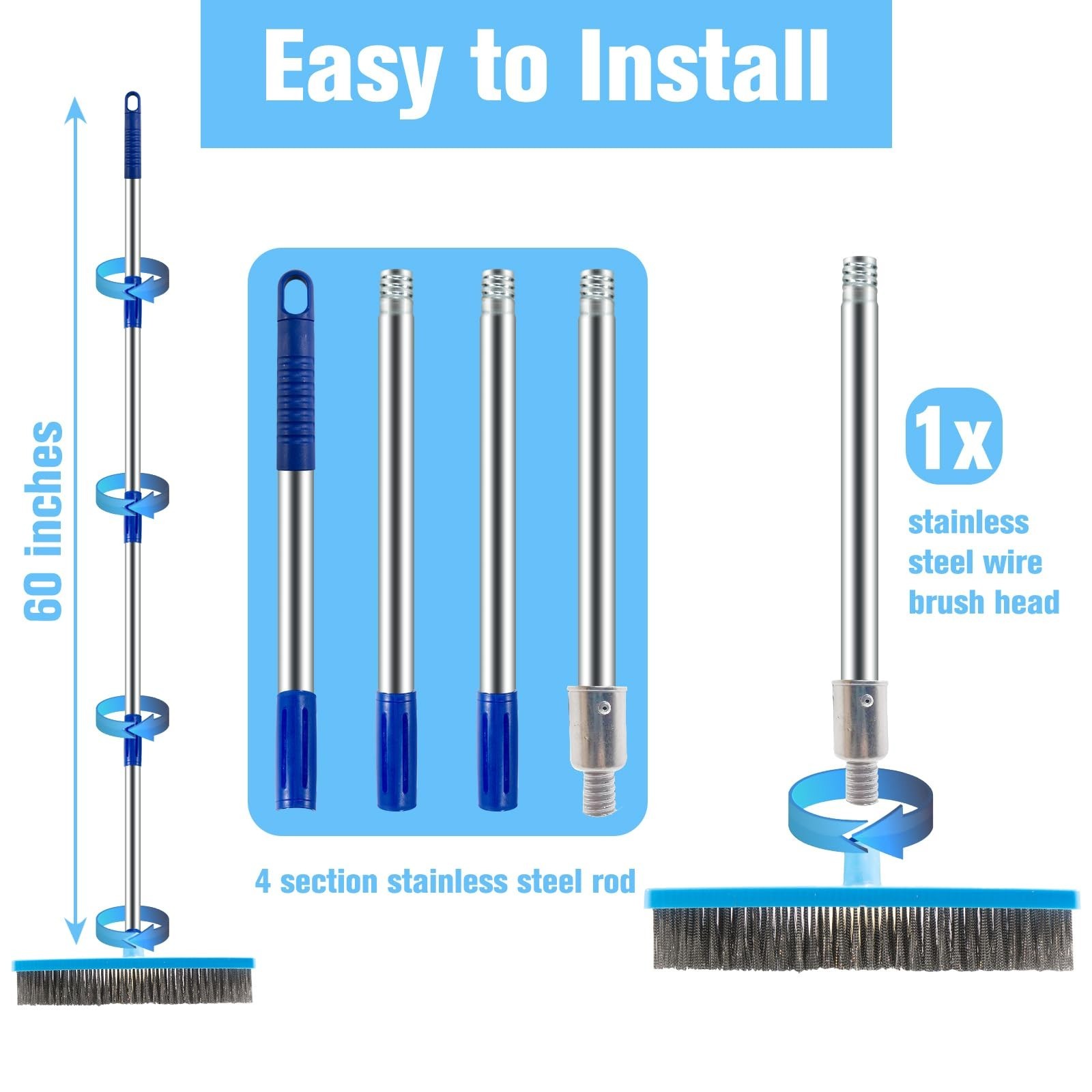 60” Heavy Duty Stainless Steel Deck Scrub Brush – Long Handle Floor Cleaner for