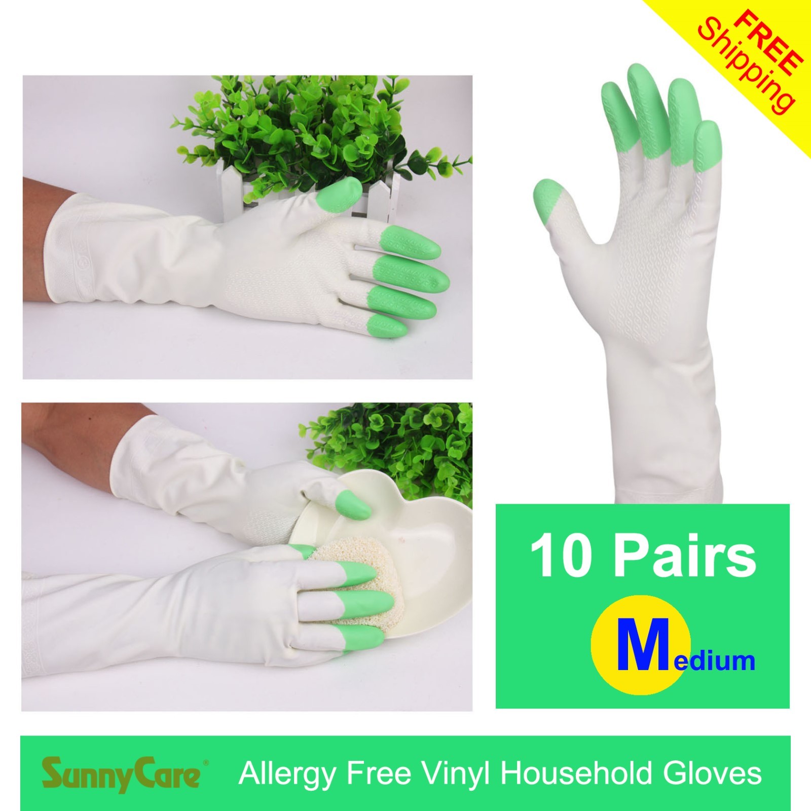 10Pairs SunnyCare Heavy Duty Household Cleaning Vinyl Gloves 13” M (Latex Free)