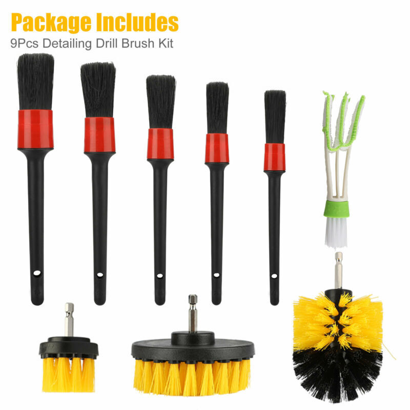 9PC Drill Brush Cleaner Attachment Set Power Scrubber Car Tile Good Wood Handle
