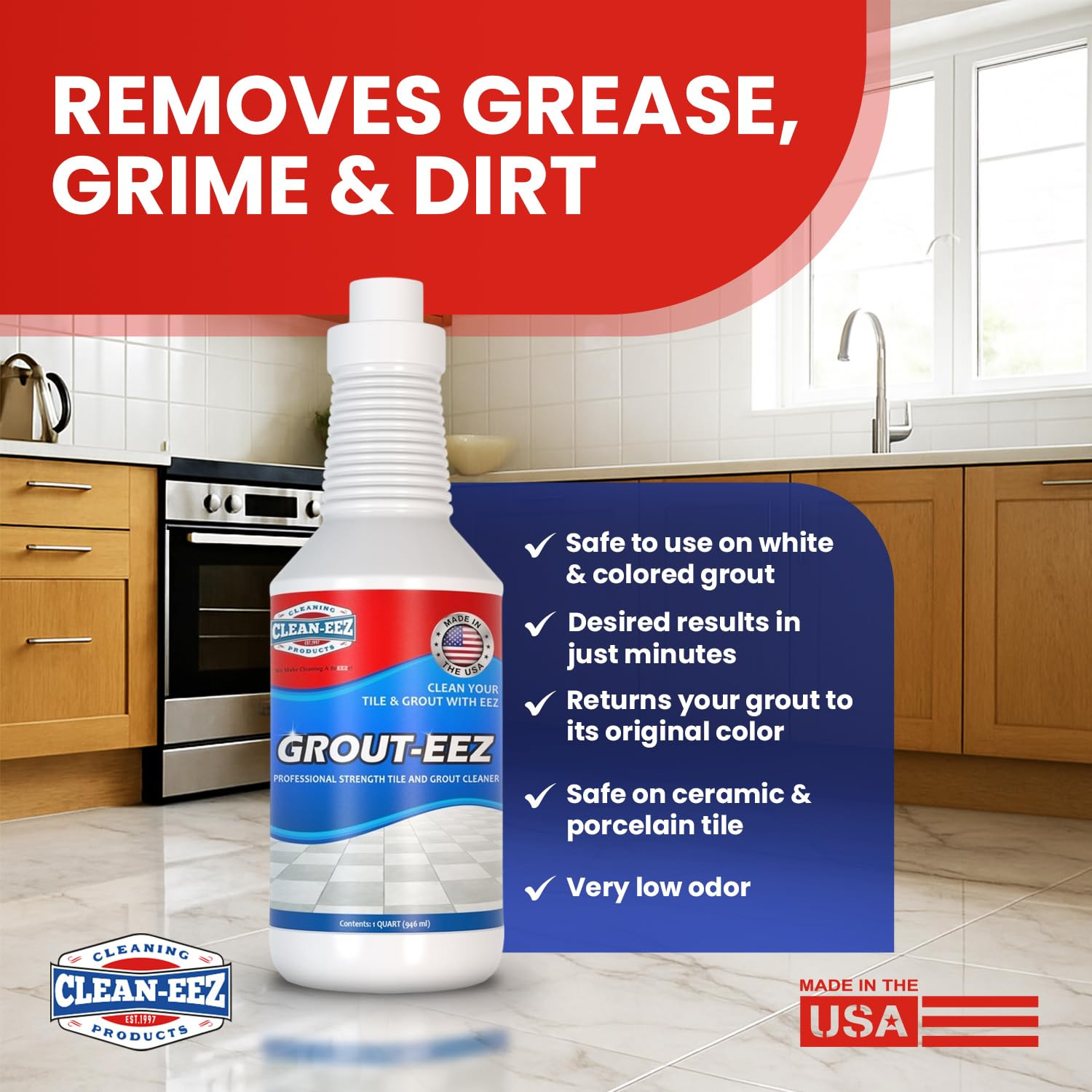 Clean-Eez Grout-Eez Tile Cleaner with Stand-Up Brush Head – 32 Oz Heavy-Duty Sta