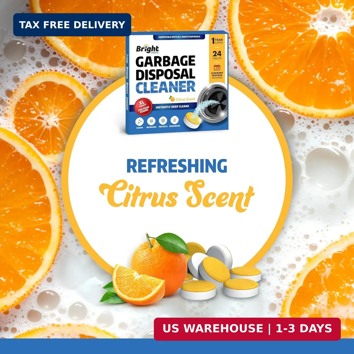 Garbage Disposal Cleaner and Deodorizer Tablets – 24 Pack, XL Citrus Foaming Tab