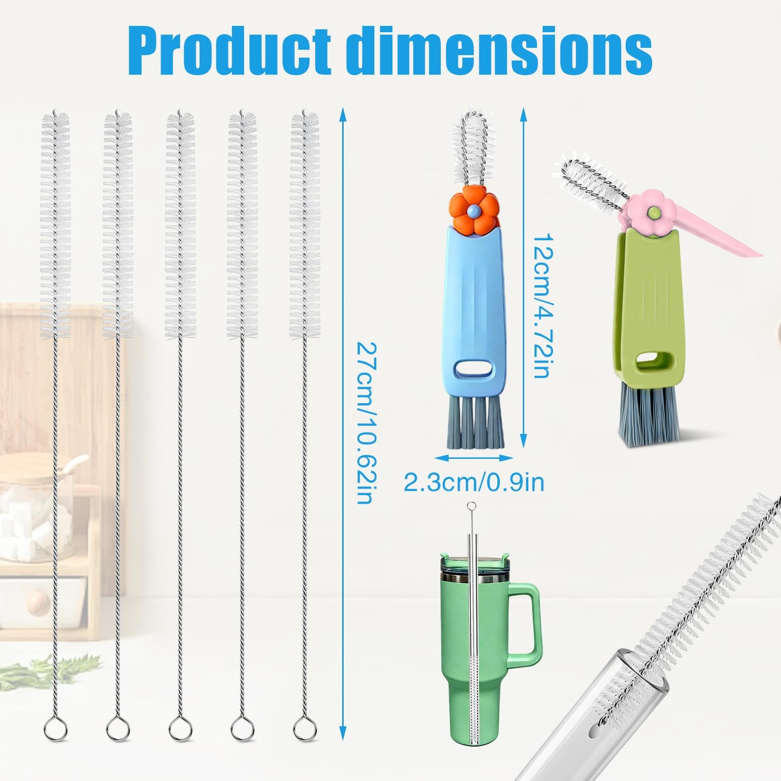 7Pcs 3-in-1 Cup Lid Gap Cleaning Brush & Straw Brush Set, Reusable Metal Stra…