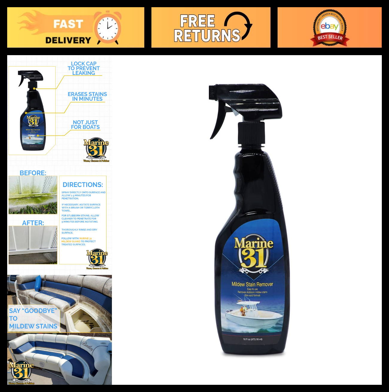 Mildew Stain Remover & Cleaner for Boats, Home, Patio, Bathroom | 16oz Powerful