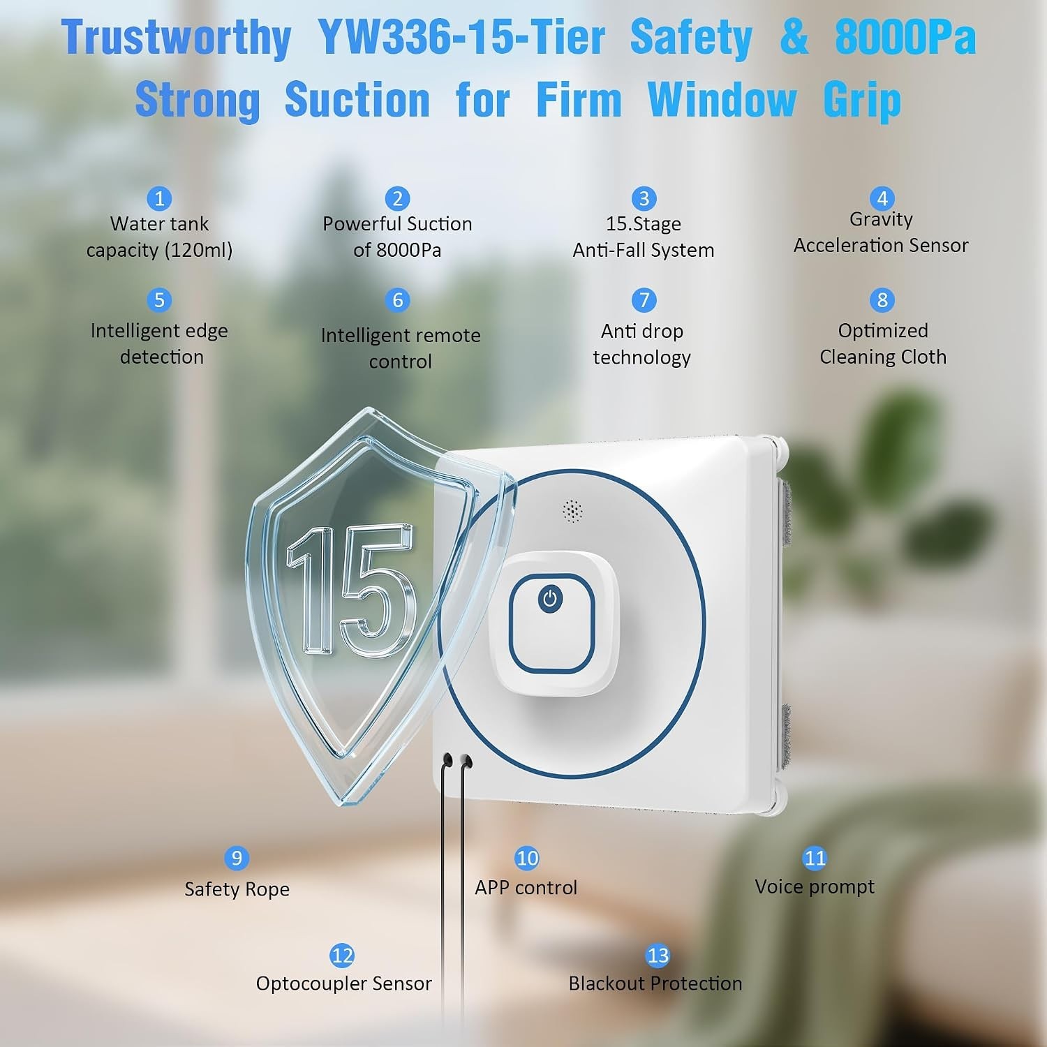 Window Cleaner Robot Automatic 8000Pa Suction Auto-Spray Remote Control Glass