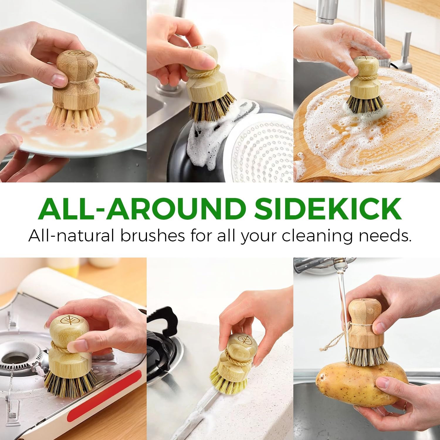 3 Pack Bamboo Dish Scrub Brush Set Natural Wooden Sisal Coconut Bristle Pots