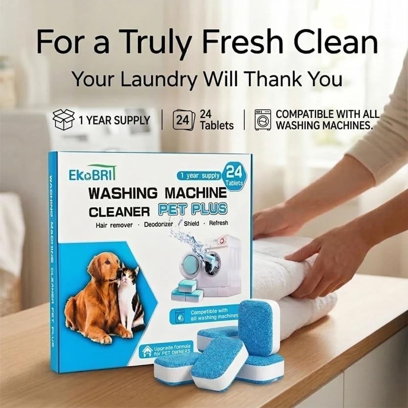 24 Enzyme Washing Machine Cleaning Tablets – Deep Clean Pet Hair, Top/Front Load