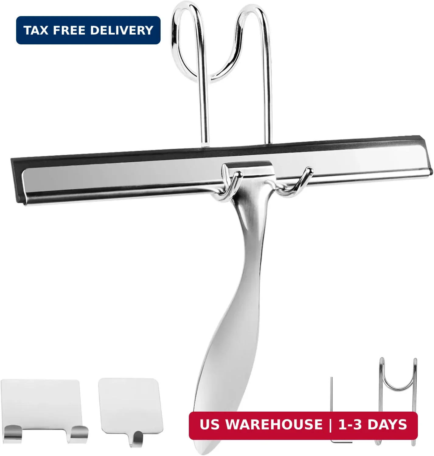 All-Purpose Stainless Steel Shower Squeegee Come with S Hook, 2 Square Sticky Ho