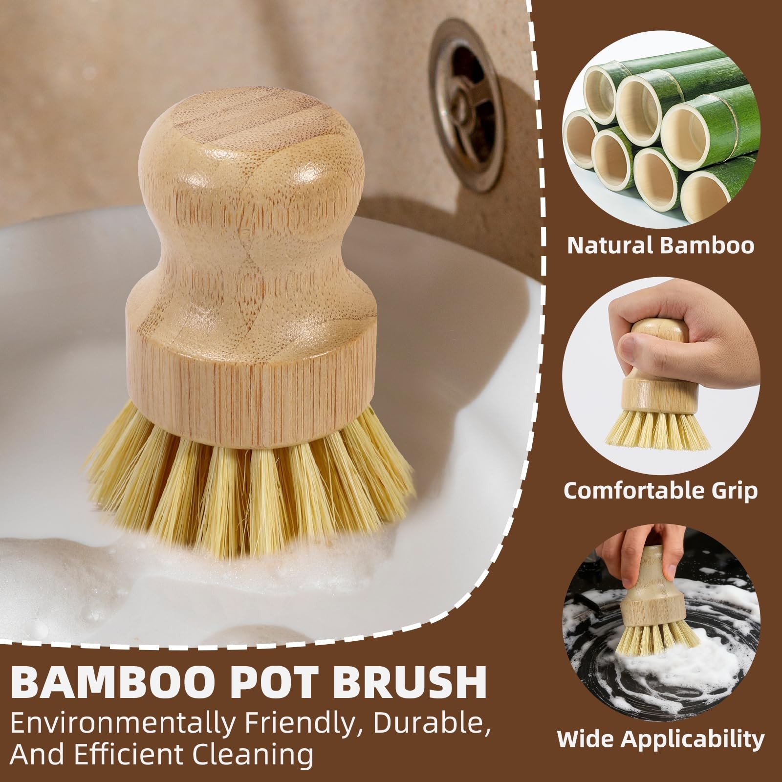 6-Piece Dish Brush Set with 2X Fast-Dry Stainless Steel Holder,3xNatural Sisa…