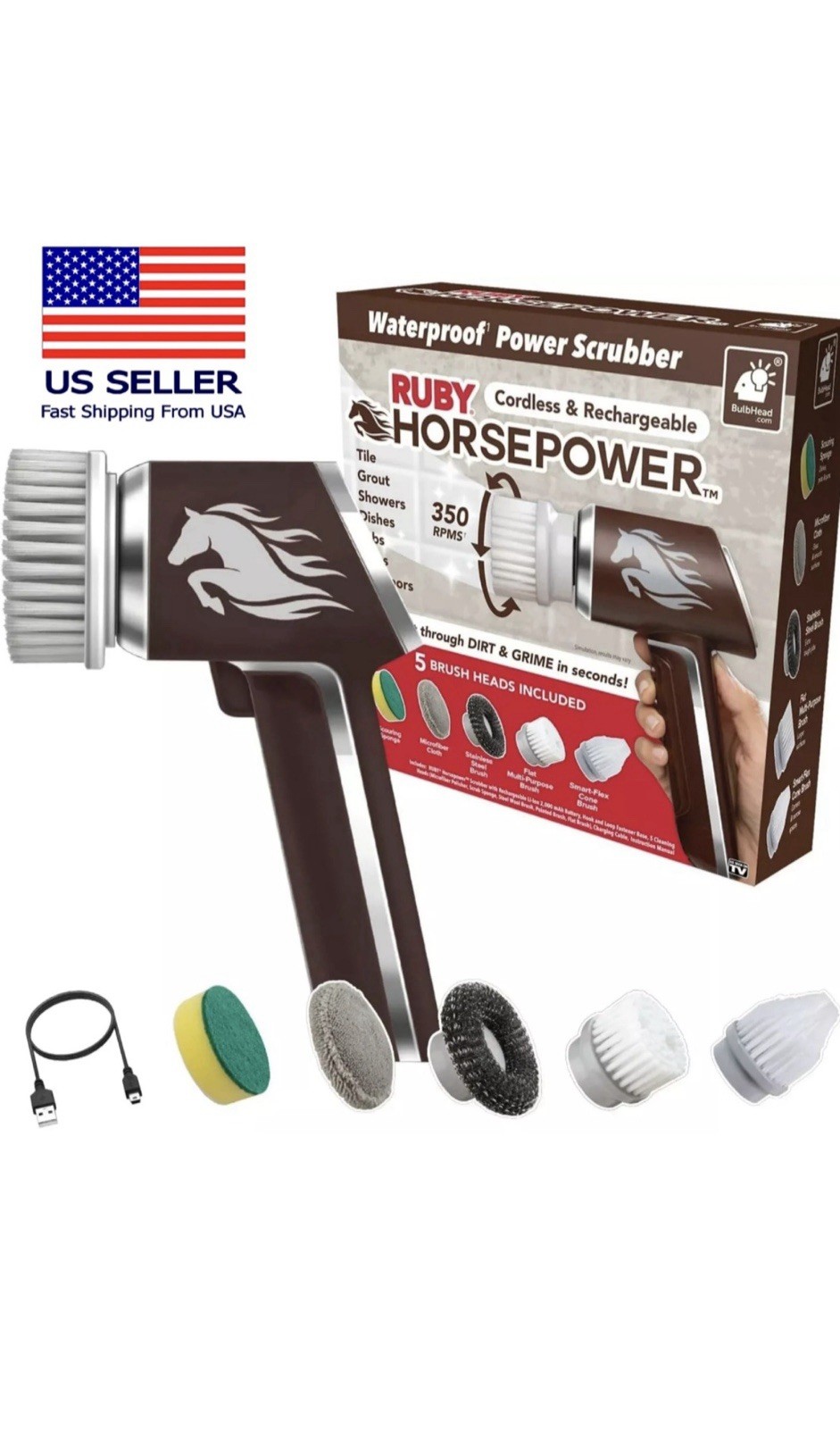 HORSEPOWER RUBY Waterproof Cordless 360° Power Scrubber W/ 5 Heads! – NEW!
