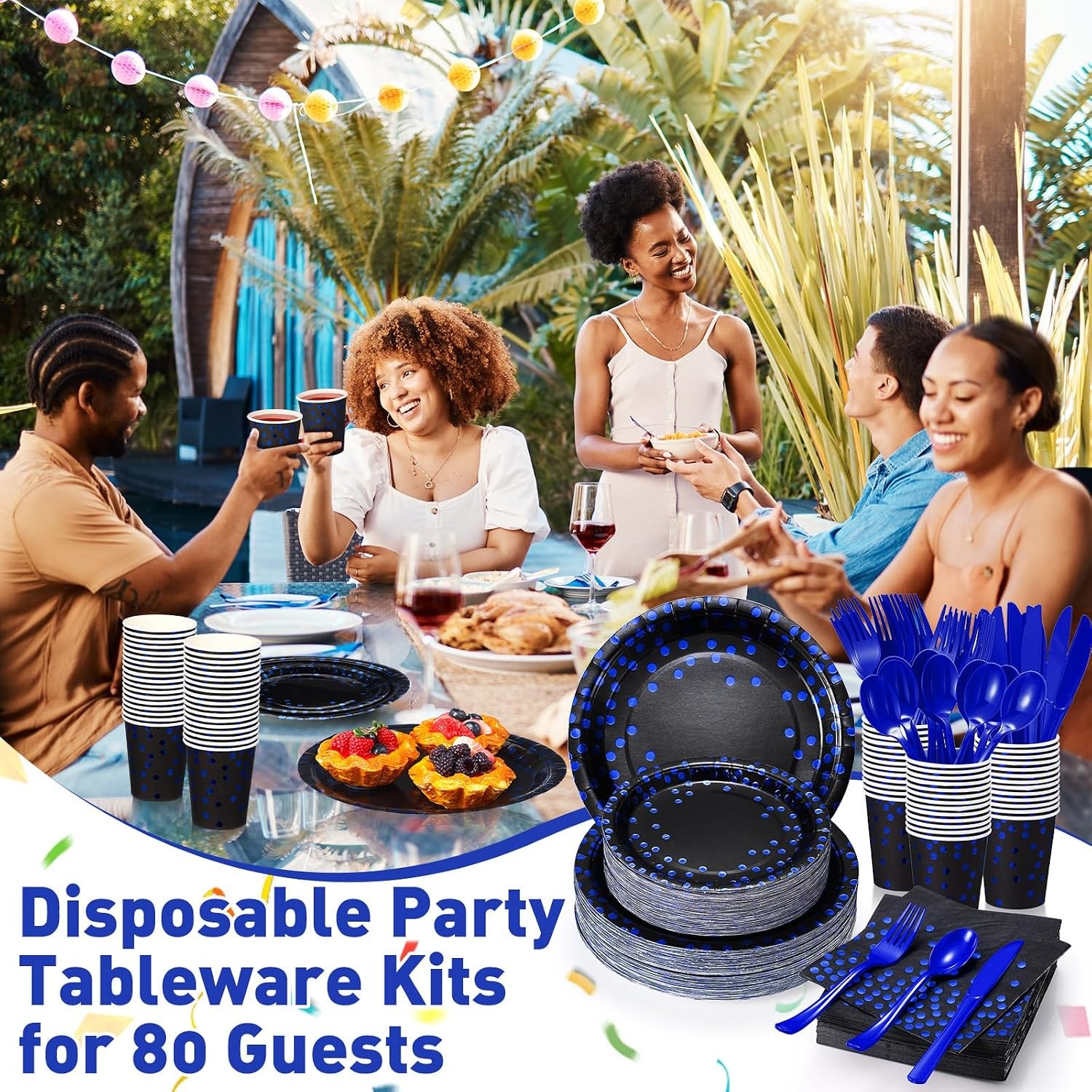 Sieral 560 Pcs Blue and Black Paper Plates Party Tableware Set Serve 80 Includ