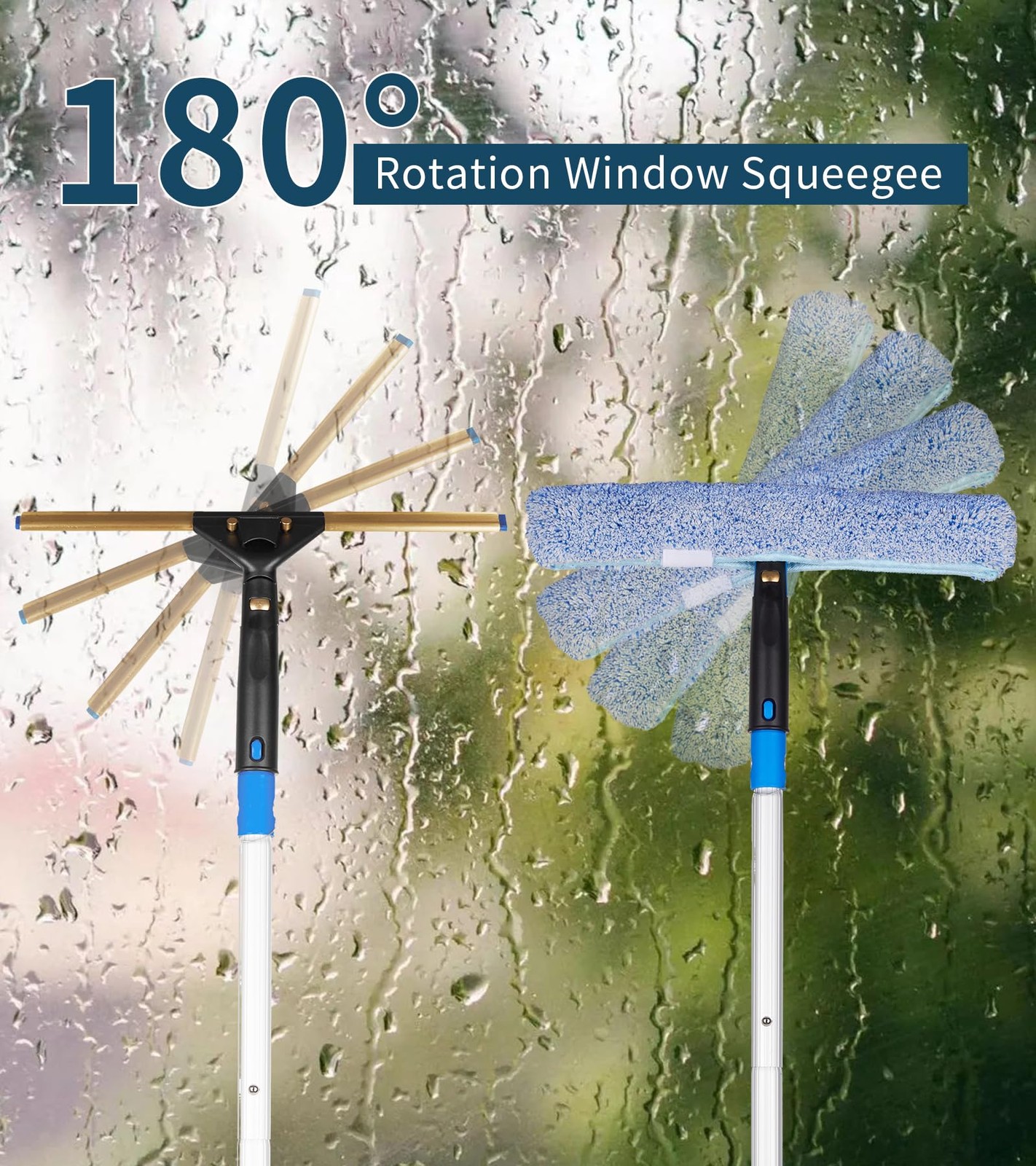 Window Cleaning Kit, Swivel Squeegee & Scrubber with Extension Poles, Foldabl…