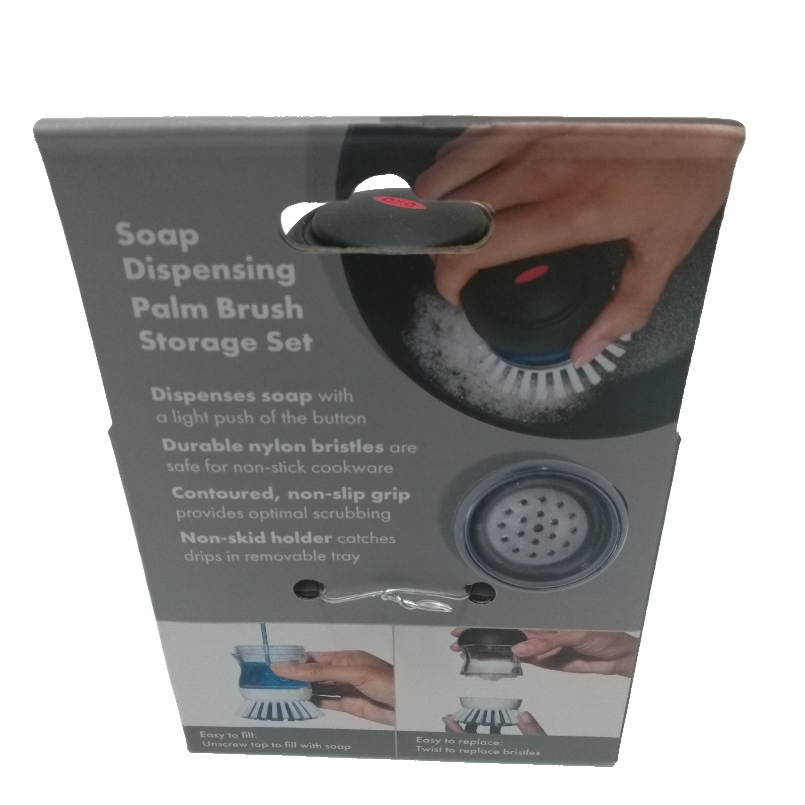 Oxo soap dispensing palm brush storage set and 16 Unbranded Scrub Sponges