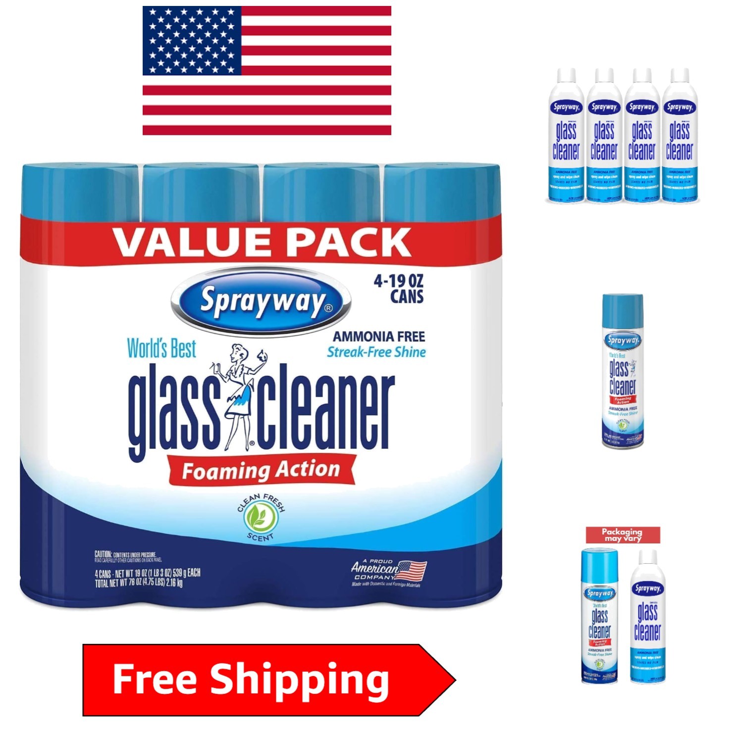 Fresh Scent Ammonia Free Glass Cleaner – 19 Fl Oz (Pack of 4) for Home & Office