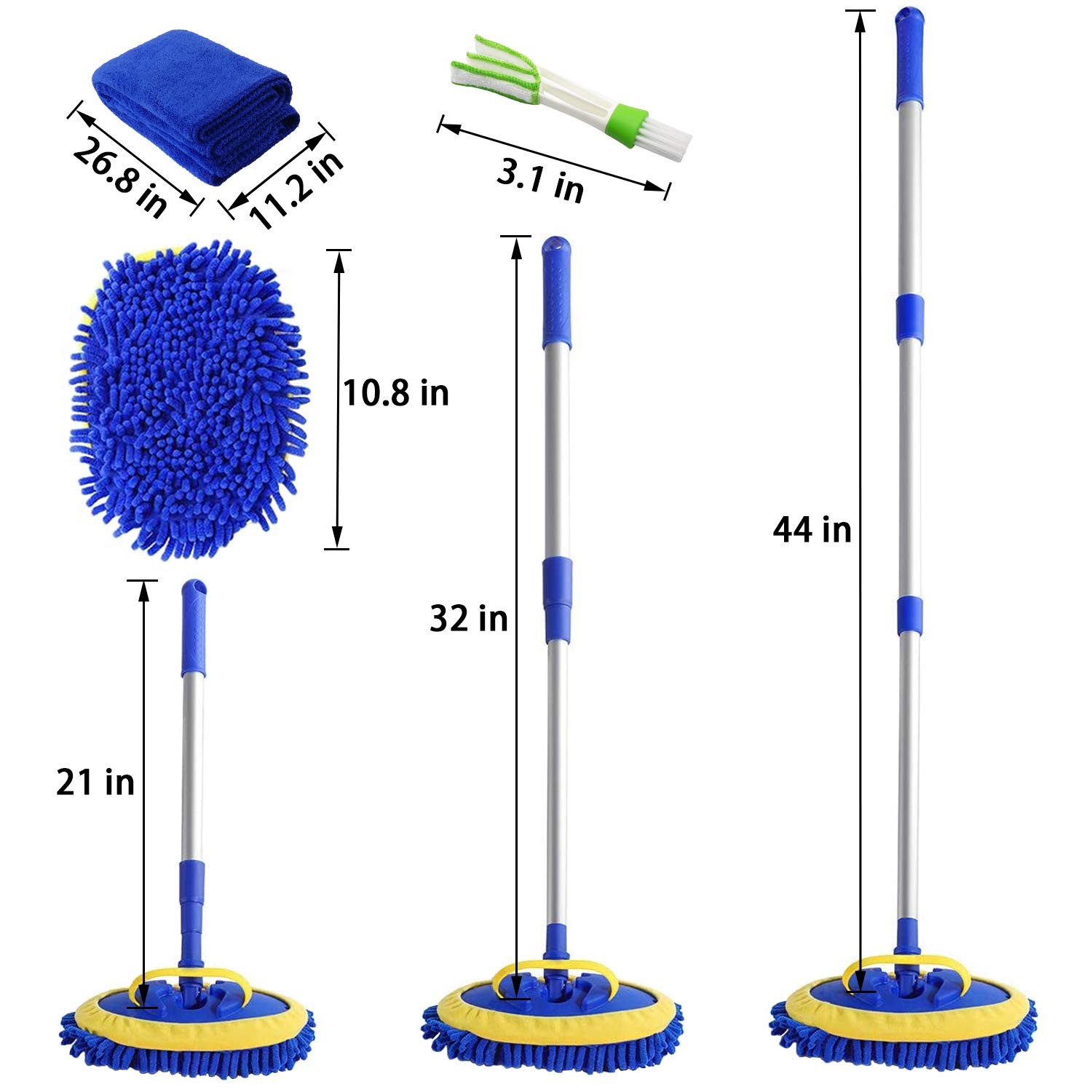 2in1 Microfiber Car Wash Mop Mitt Long Handle Kit w 2 Mop Heads Duster