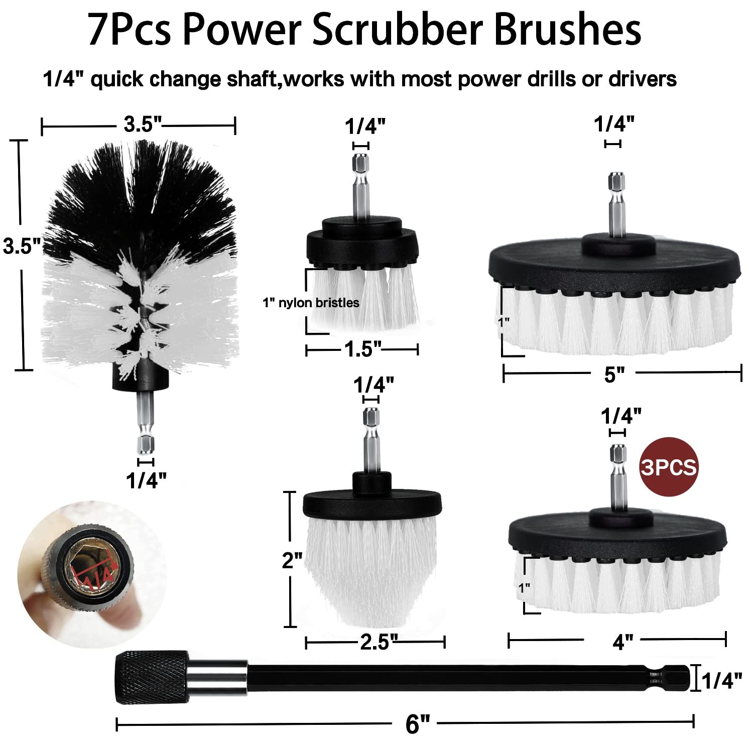 Drill Brush Attachment Set, 7 Pack 1/4in Power Scrubber Brush + Extend Long R…