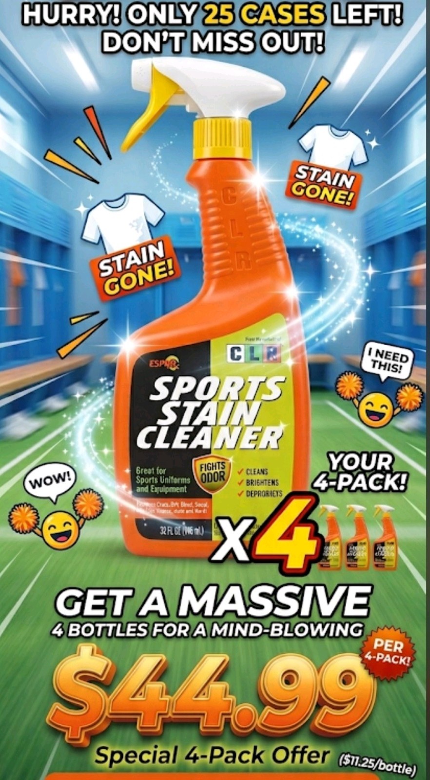 CLR Sports Cleaner Stain Remover Spray w/Odor Guard, 32oz🔥 4 Bottles 🔥🔥🔥