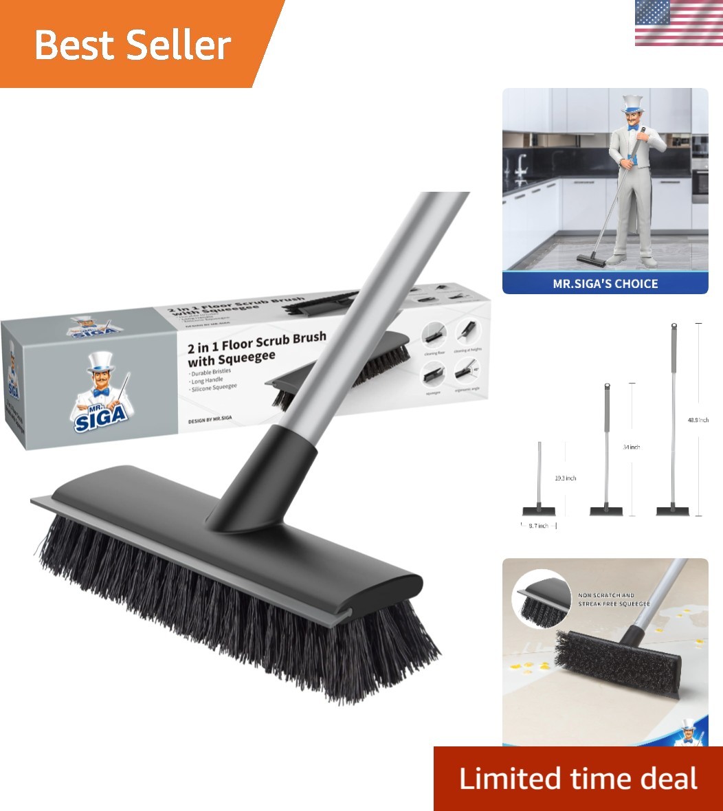 Durable 2-in-1 Floor Brush with Stiff Bristles and Adjustable Steel Handle