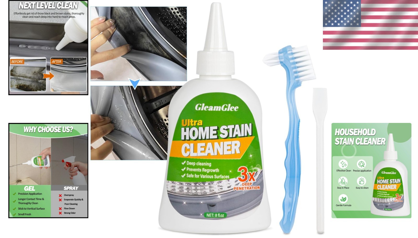 Heavy Duty Home Stain Cleaner Gel – 8 Fl Oz for Bathroom, Tile & Washing Machine