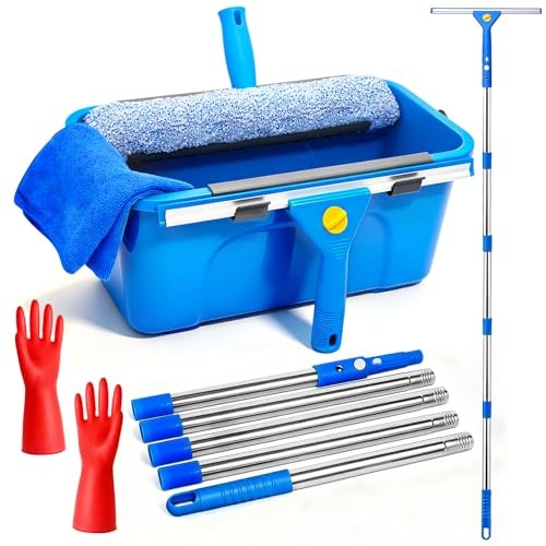 Window Cleaning Kit with 3 Gal Bucket – 14” Window Squeegee&15” Scrubber&76”