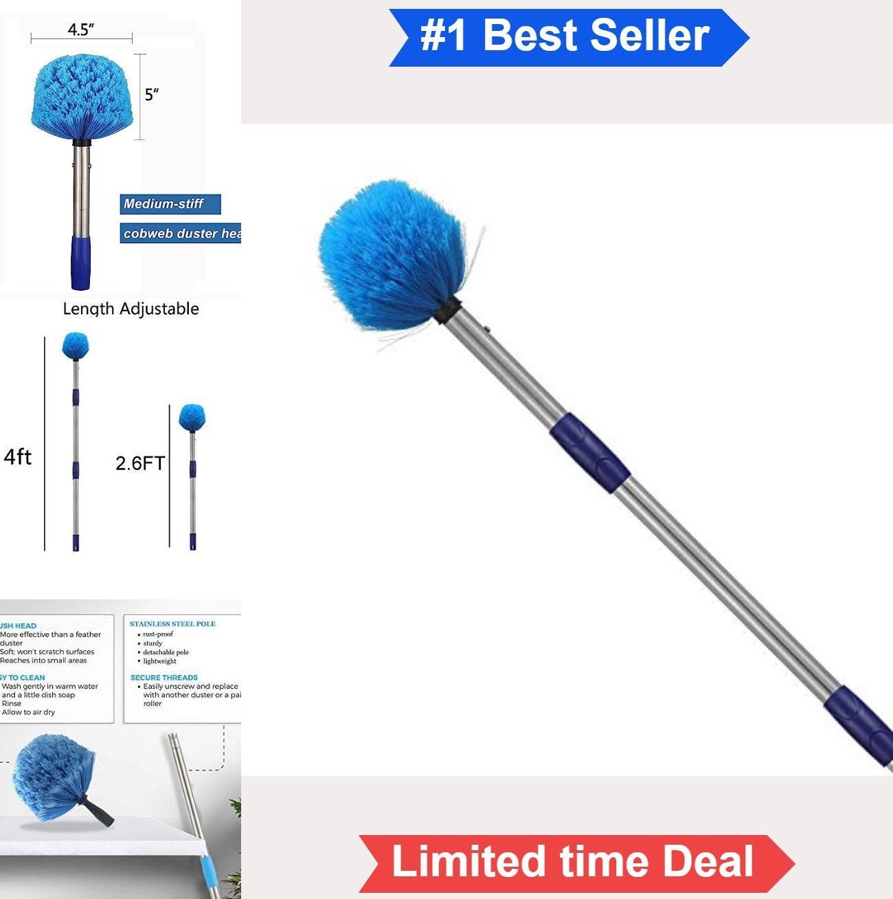 Cobweb Duster with Pole 4FT Stainless Steel Brush for Walls Beams Shelves Light
