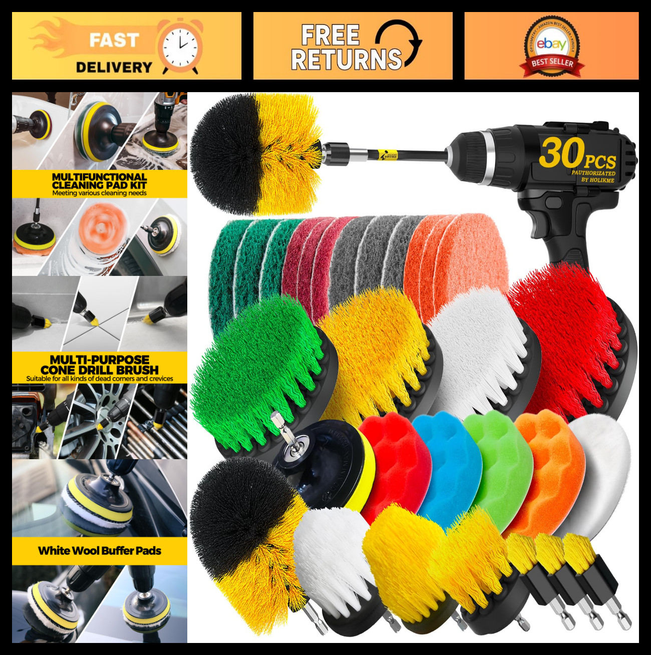 30-Pack Drill Brush Set – Power Scrubber Attachments, Scrub Pads & Sponge for Gr
